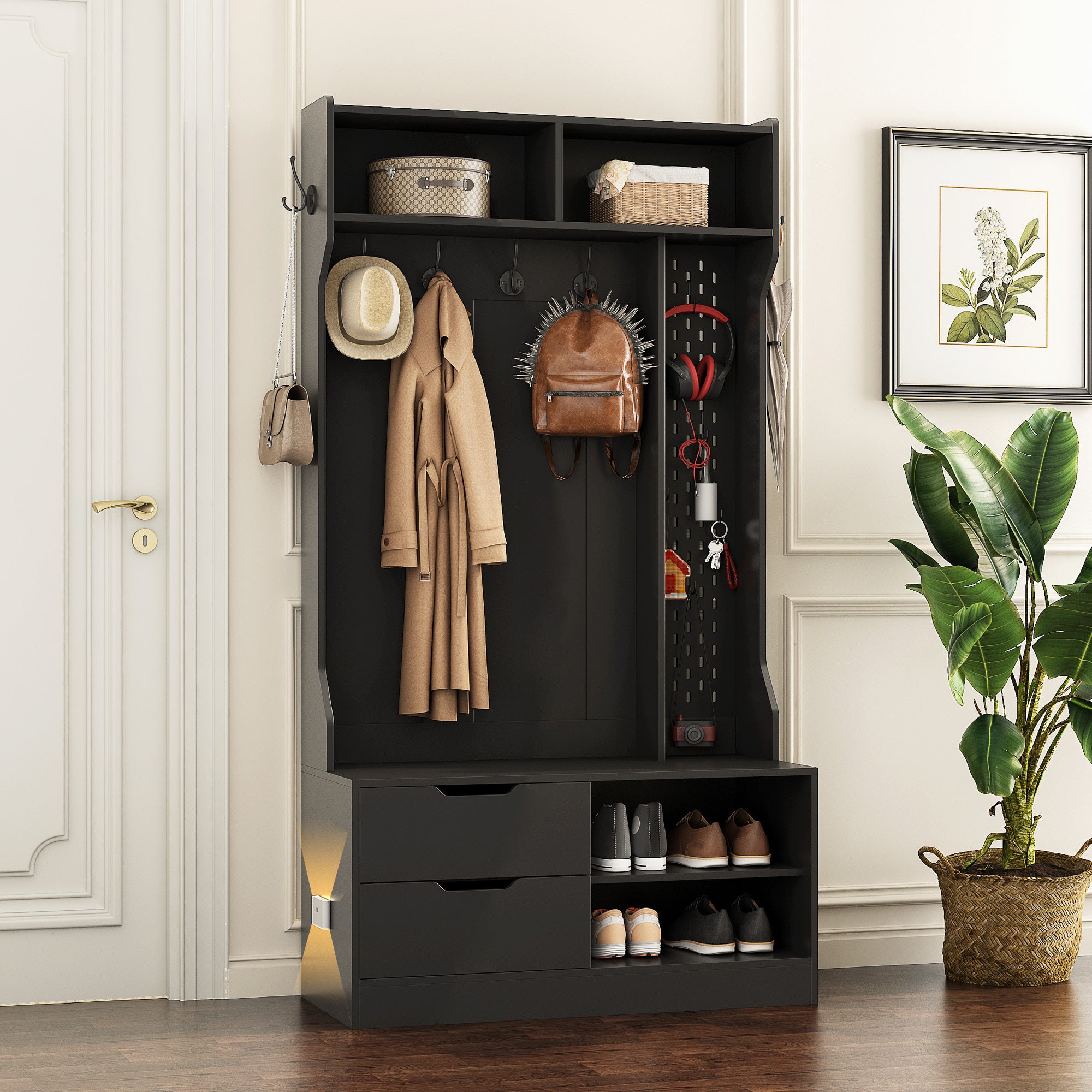 Hall Tree with 6 Hooks,Coat Hanger, Entryway Bench, Storage Bench,for Entrance, Hallwa,black - Grand Goldman Shop