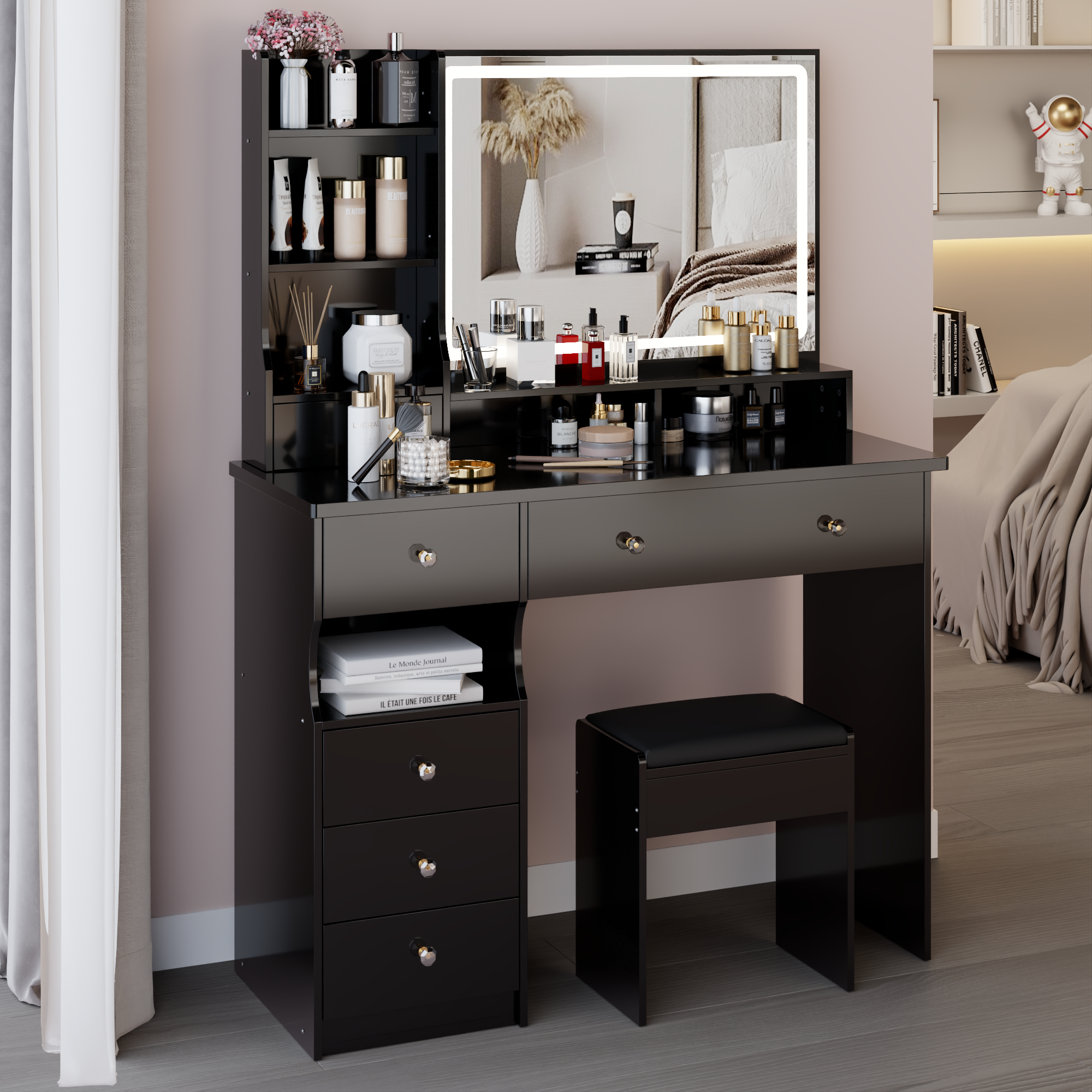 41' Large Sized Desktop Vanity Table + Cushioned Stool, Oversized desktop, Large Touch Control LED Mirror, 3-color Switch, Multi Layer High Capacity Storage Fashion Dresser, EPA, GCC, UL Certificate - Grand Goldman Shop