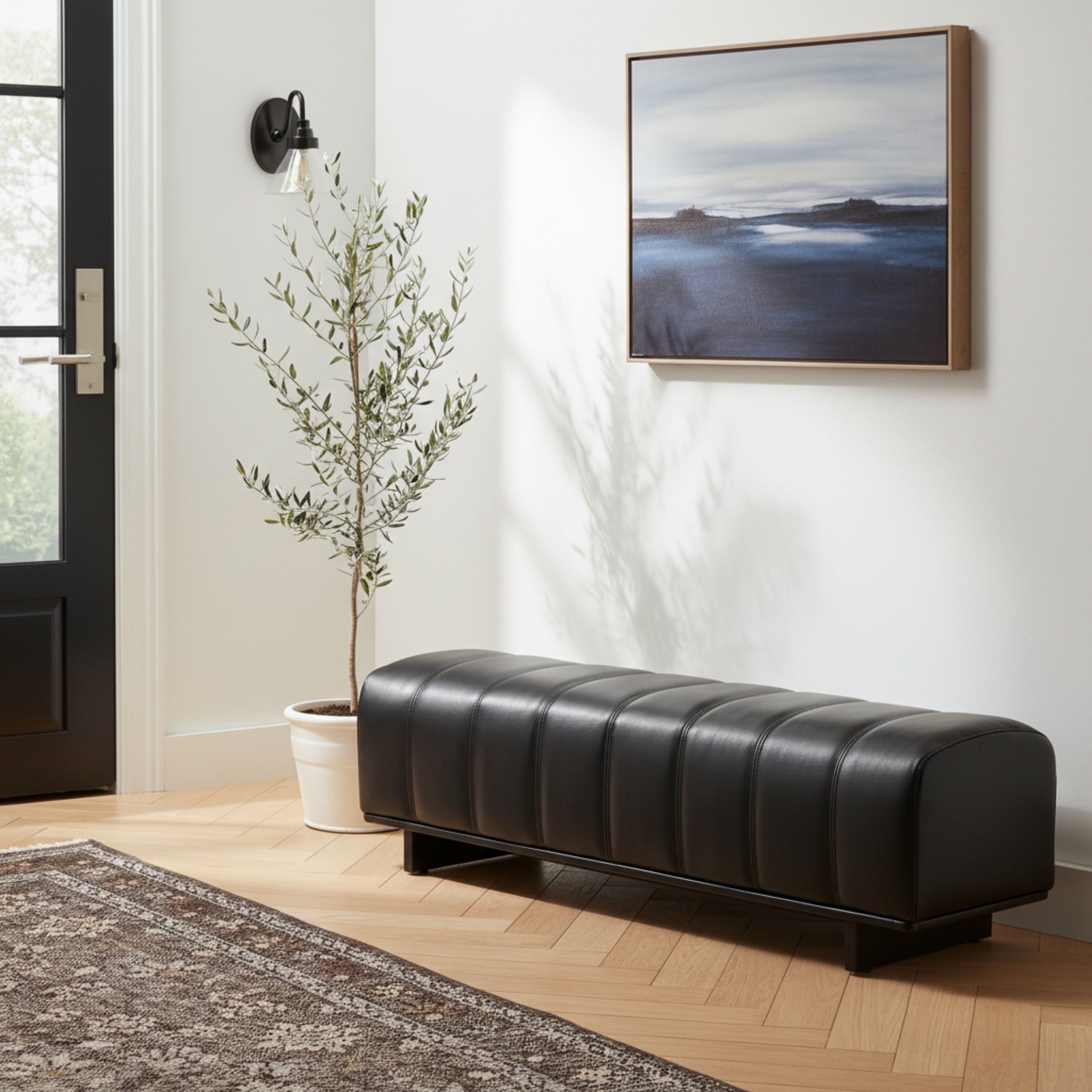Indoor Dining Bench with Black PU Fabric Upholstery and Rubber Wood Legs, Comfortable Seating for Dining Room or Living Area - Grand Goldman Shop
