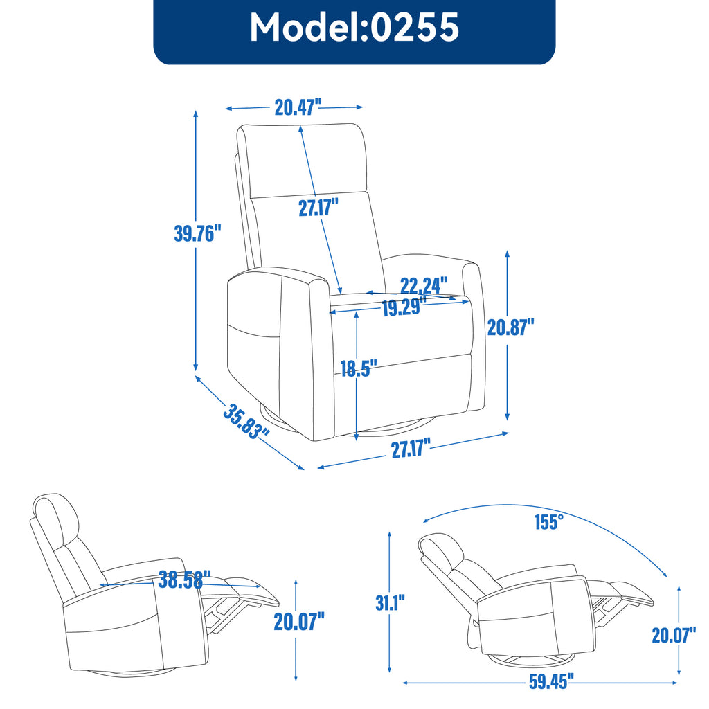 Heat Massage Manual Recliner Chair with Rocker and Swivel in Fabric for Living Room, Blue - Grand Goldman Shop