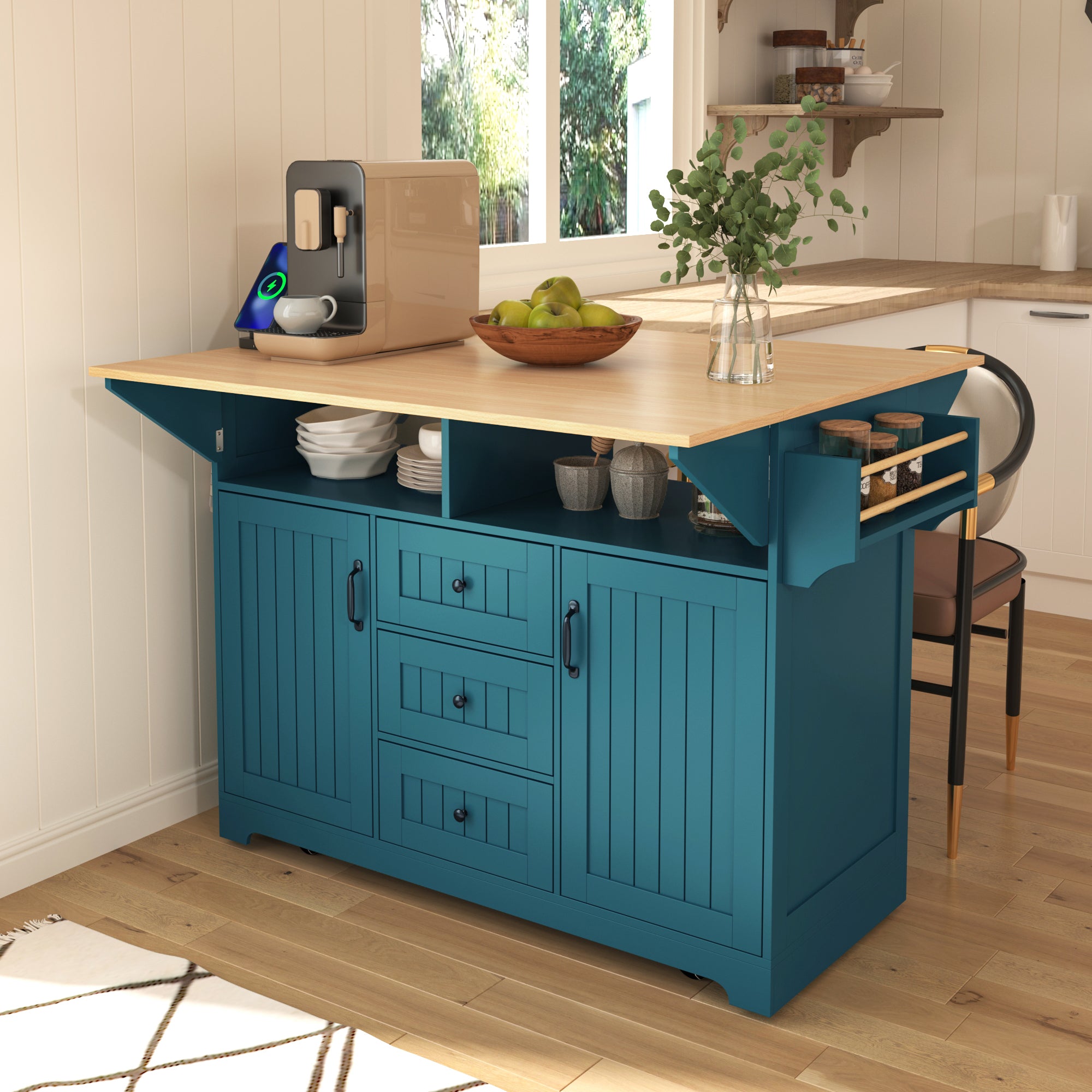 K&K 55.7'' Large Kitchen Island with 2 Drop Leaf,, Rolling Kitchen Cart on 5 Wheels with Power Outlet, Folding Storage Dining Table with Spice & Towel Rack , 3 Drawers, for Kitchen, Dining Room,Green - Grand Goldman Shop