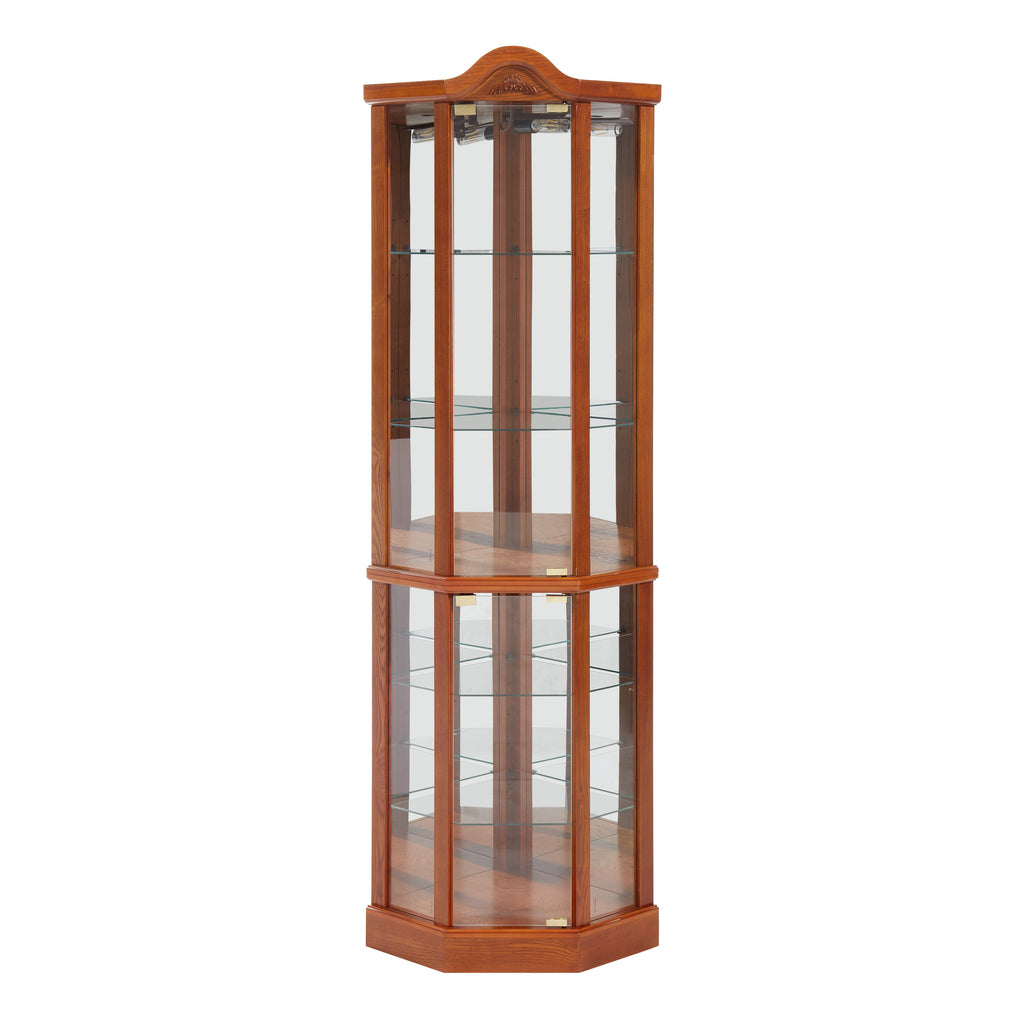 Glass Cabinet Lighted Corner Cabinet Corner Display Curio Cabinet, Glass Display With Light(Included)Bar Cabinet,Wine Cabinet with Adjustable Glass Shelves Carved Decoration OAK Light(Included) - Grand Goldman Shop