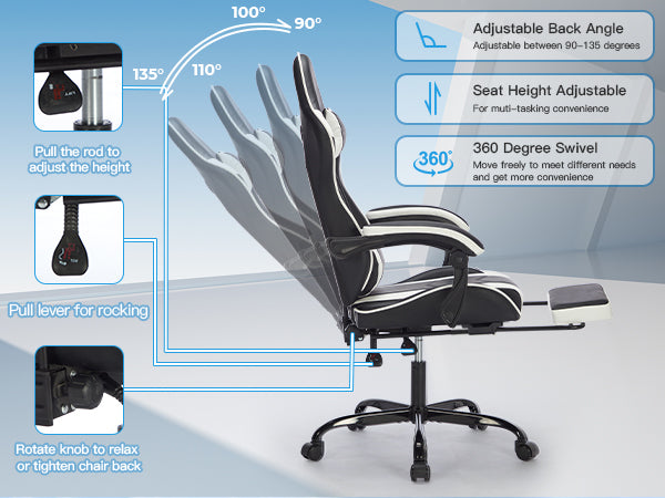 Gaming Chair with Footrest, Ergonomic Computer Chair with Headrest and Lumbar Support, Breathable Material Height Adjustable 