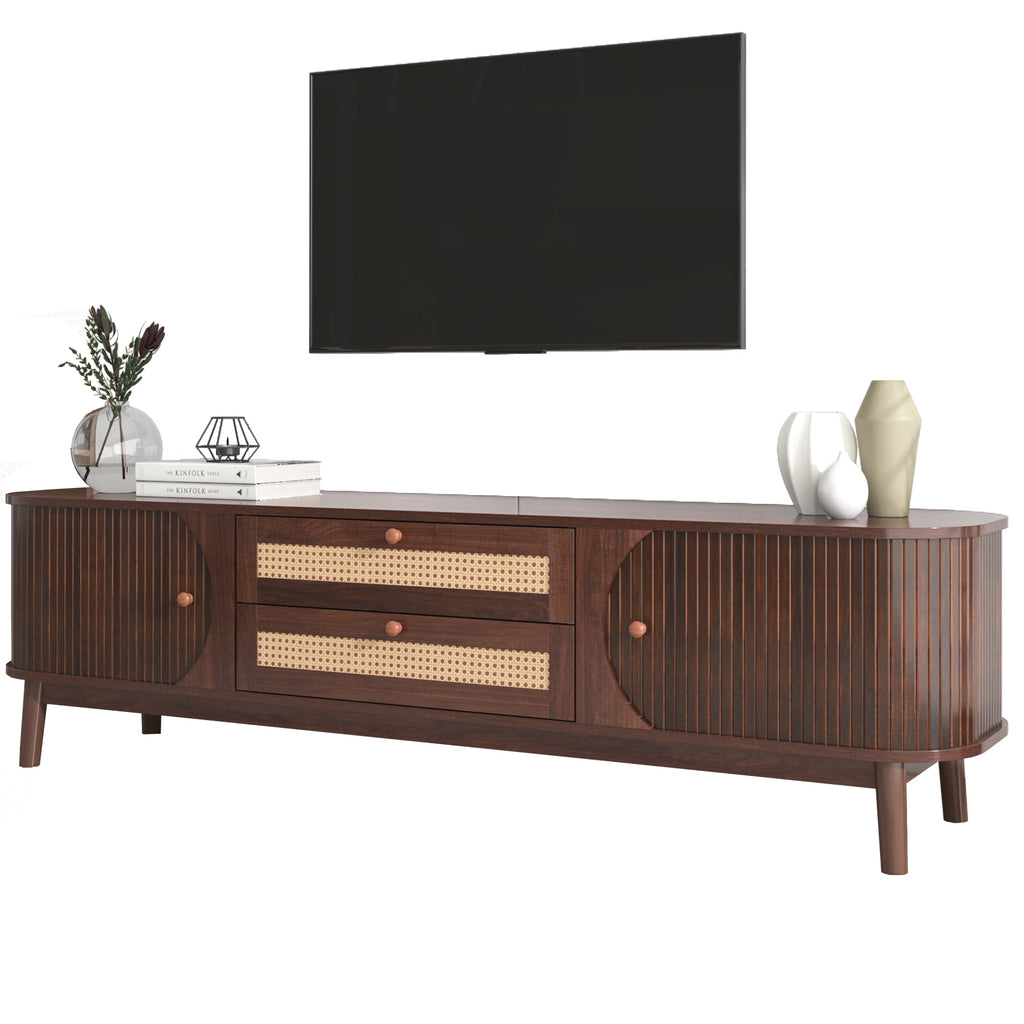 Modern Farmhouse Rattan TV Stand for TVs up to 75'', Natural Wood and Brown Solid Wood Legs, MDF Cabinet with Rattan Drawers and Sliding Doors, 66.93'' L Living Room Entertainment Console - Grand Goldman Shop
