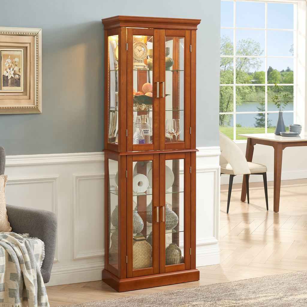 Lighted Curio Cabinet with Adjustable Shelves, Mirrored Back, and Tempered Glass Doors, 6-Tier Walnut Finish - Grand Goldman Shop