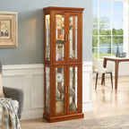 Lighted Curio Cabinet with Adjustable Shelves, Mirrored Back, and Tempered Glass Doors, 6-Tier Walnut Finish - Grand Goldman Shop