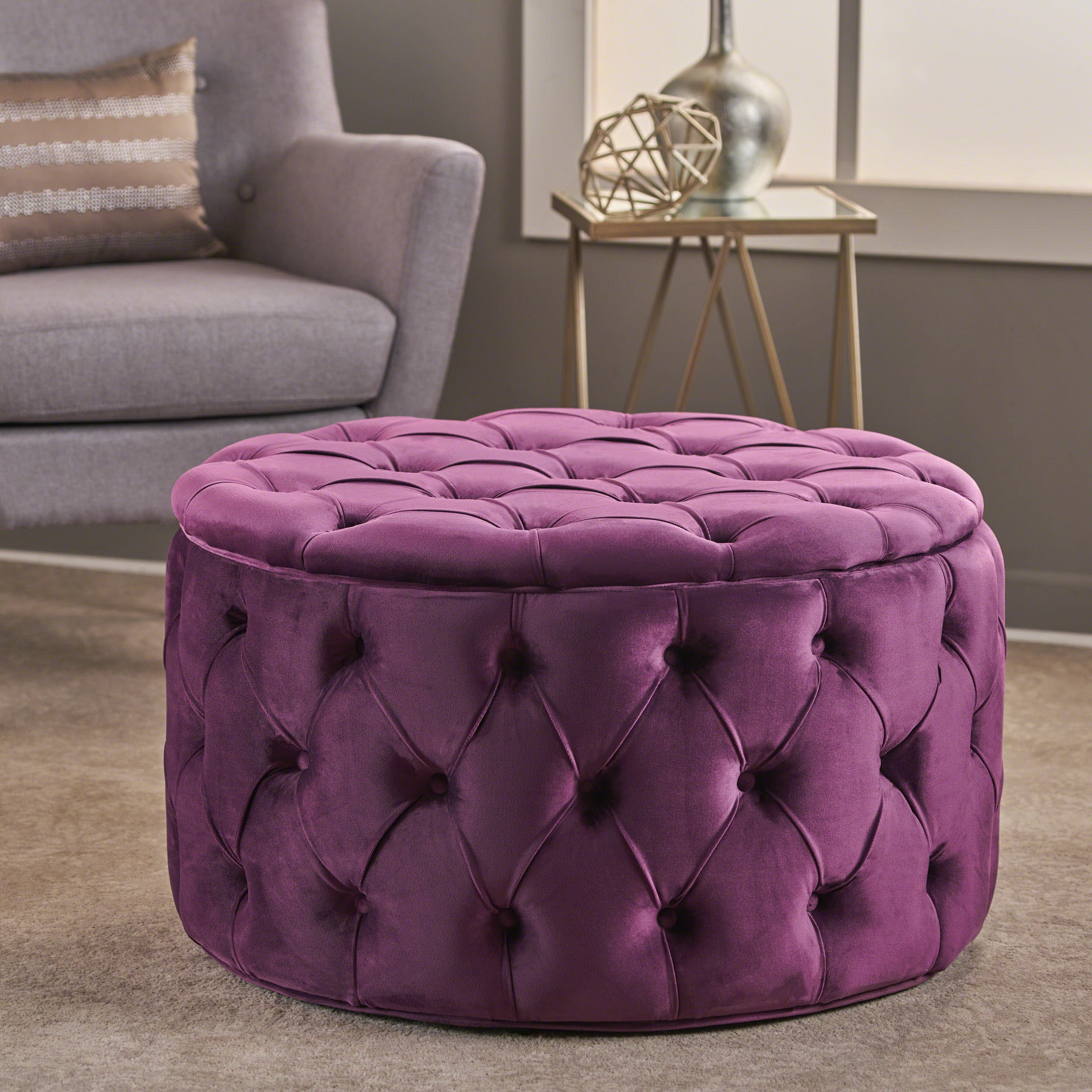 Modern Glam Ottoman Velvet Fuchsia 29.5-Inch - Grand Goldman Shop