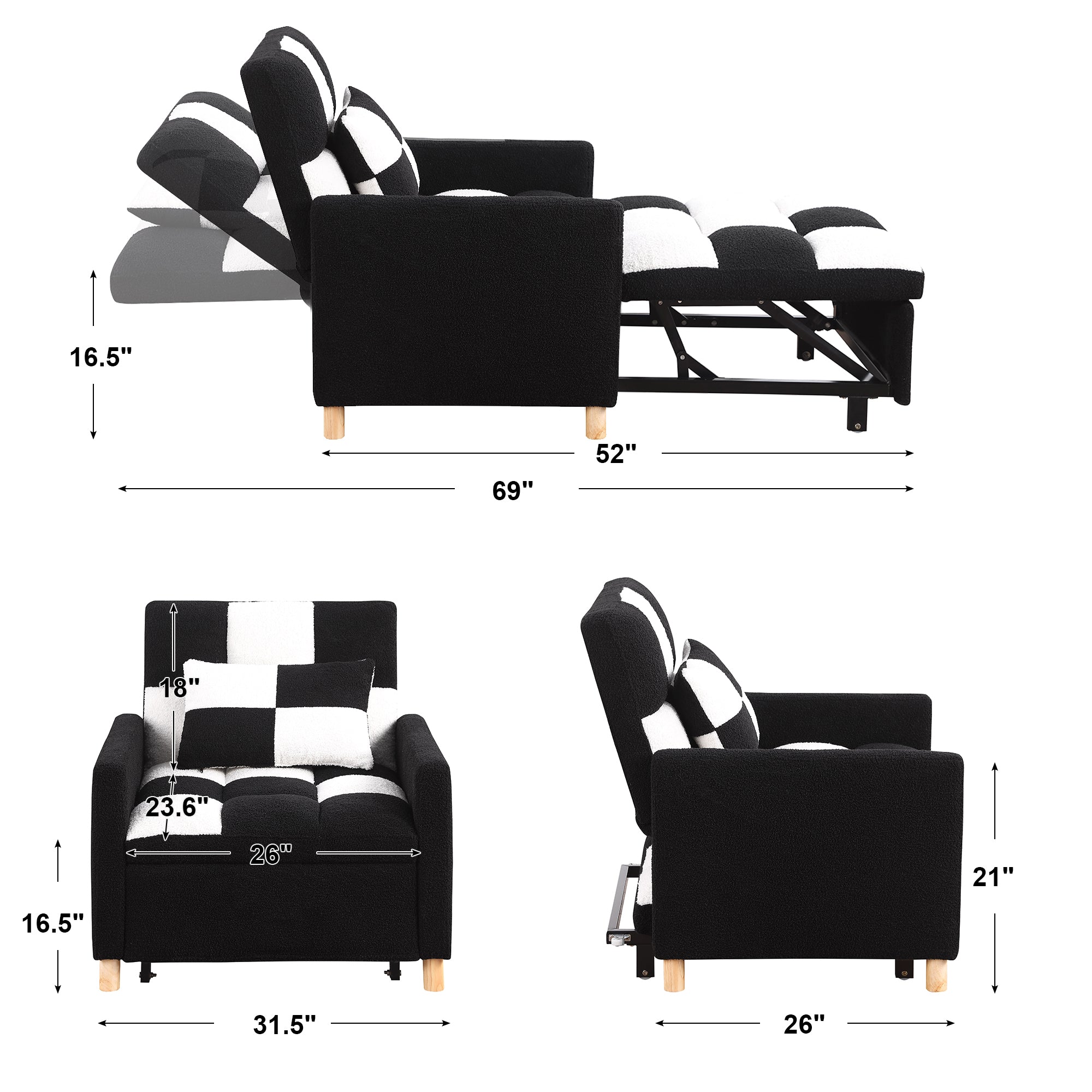 Convertible Sleeper Sofa Chair Bed, Adjustable Chair with Pillow, Multi-Functional Sleeper Chair with Soft Teddy Fabric for Living Room, Dorm, Apartment, Bedroom or Office - Grand Goldman Shop