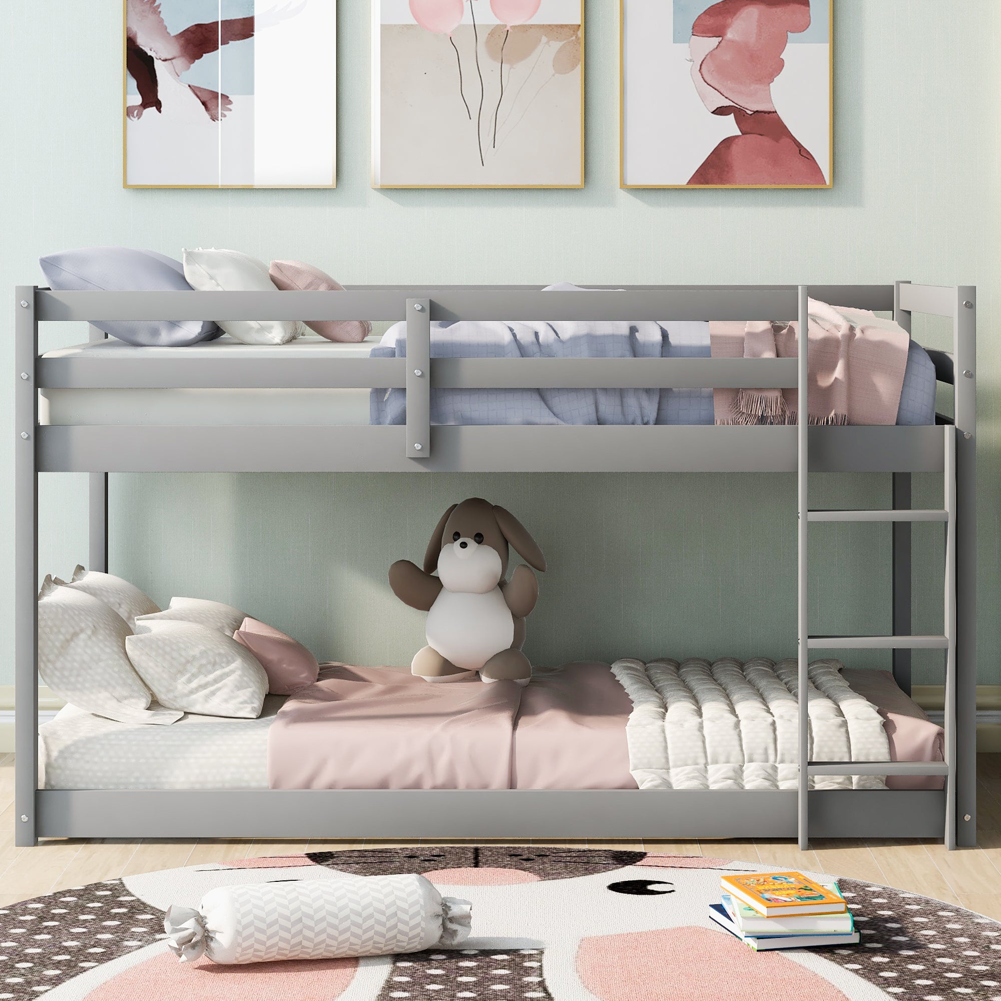 Gray Twin Over Twin Floor Bunk Bed with Ladder, Solid Pine Wood, 79.1''L x 42''W x 46.5''H - Grand Goldman Shop