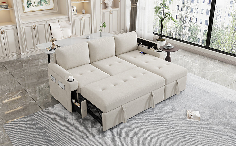 Convertible L-shaped Beige Sofa Couch with Storage, Cup Holders, USB Ports, Chenille Fabric - Grand Goldman Shop