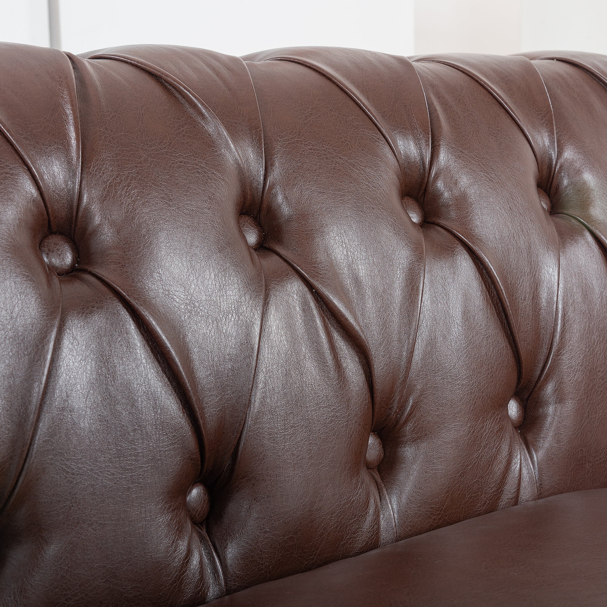 Dark Brown PU Rolled Arm Chesterfield Three Seater Sofa with Solid Wood Frame and Birch Legs - Grand Goldman Shop