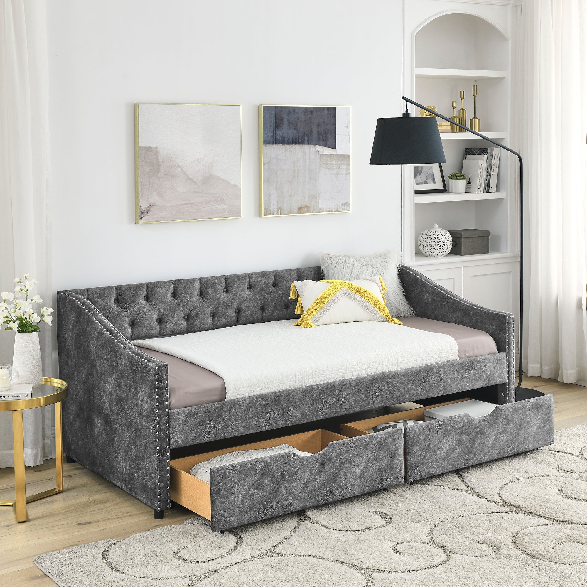 Grey Upholstered Tufted Twin Size Daybed with Drawers and Copper Nailhead Trim, Eucalyptus Wood Frame, 81.5''x4''x30.5'' - Grand Goldman Shop