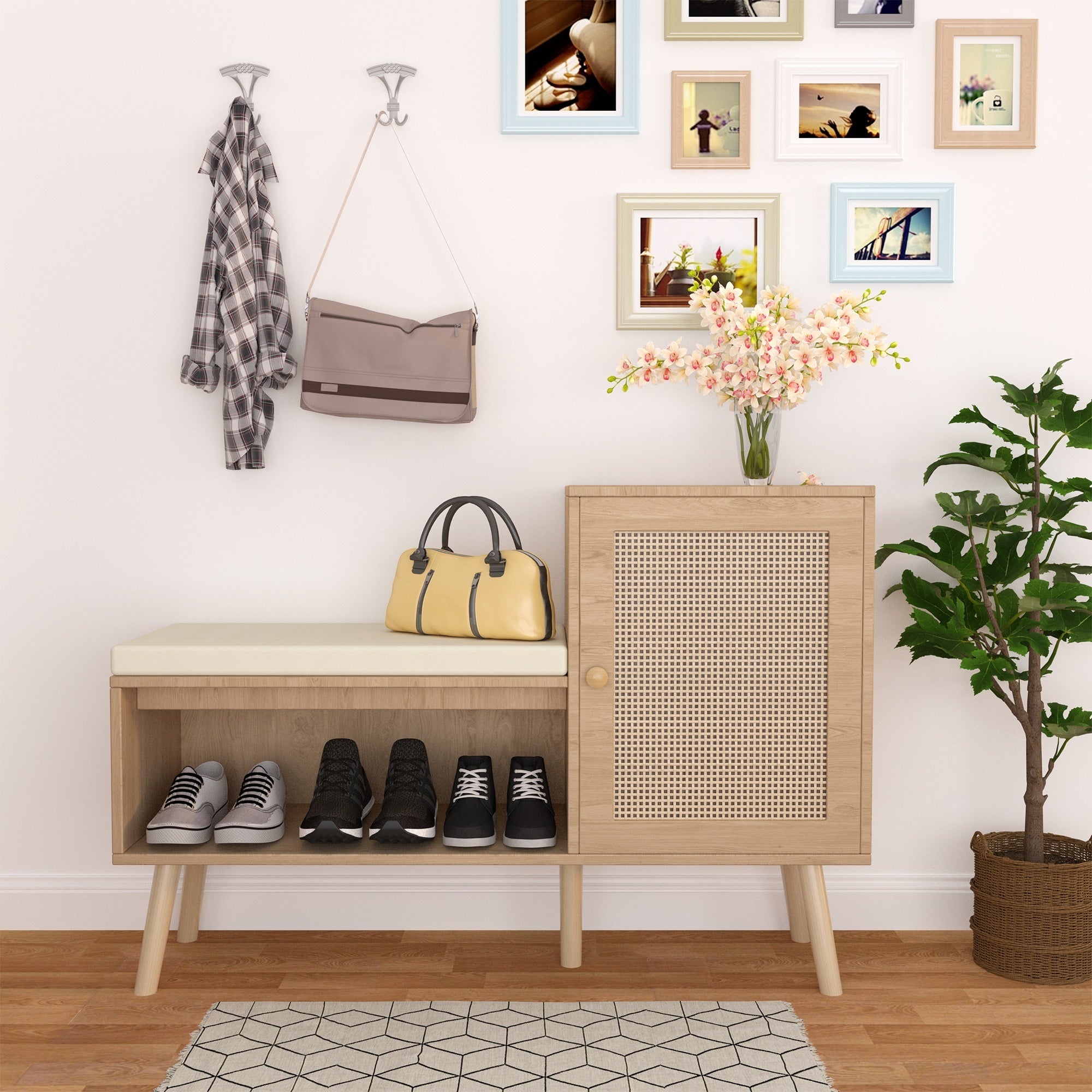 2-in-1 Shoe Storage Bench with Adjustable Shelves, Antique Natural Rattan Finish, PP Rattan and Wood Construction, Modern Entryway Organizer, 39.4 x 27.6 x 11.8 inches - Grand Goldman Shop