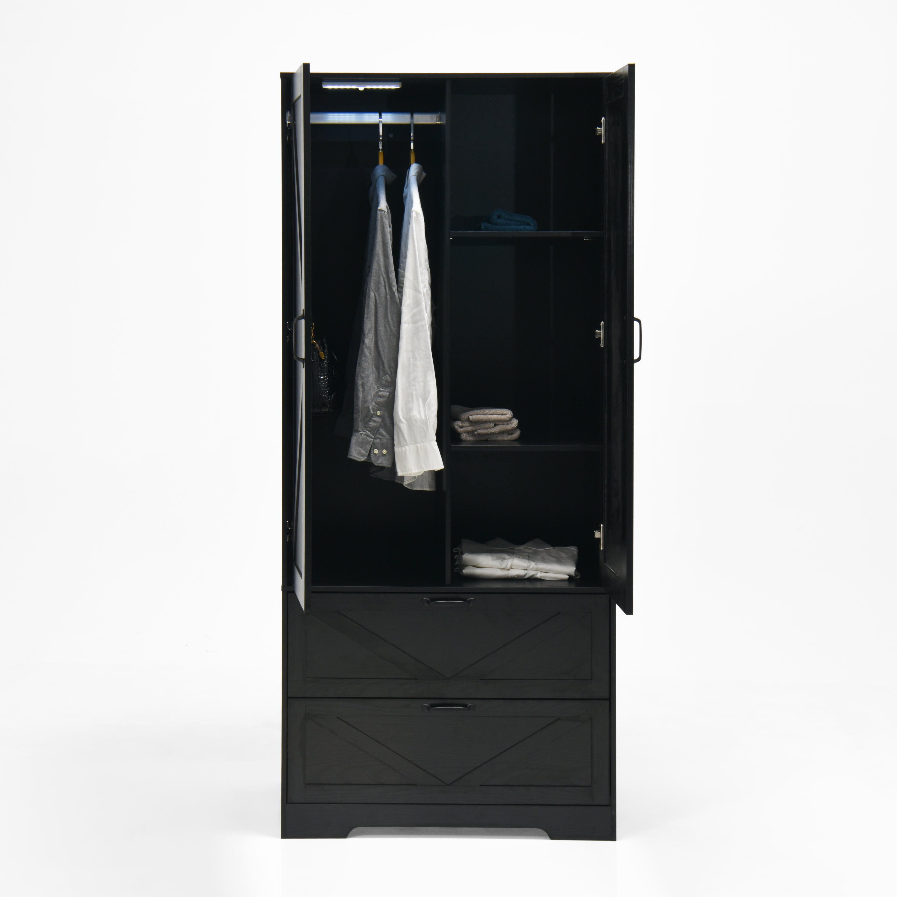 2 Door Wood Wardrobe for Bedroom with Hanging Clothing Rod inside the Cabinet and 2 Drawers for Storage Organization, Built-in induction light Multifunctional Closet with Mirror, Black - Grand Goldman Shop