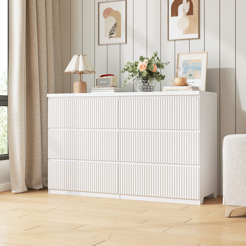 Modern White 6 Drawer Dresser, Wave Panel Drawer Fronts, Storage Cabinet, Versatile Chest of Drawers for Bedroom, Living Room - Sleek & Spacious Home Storage Solution - Grand Goldman Shop