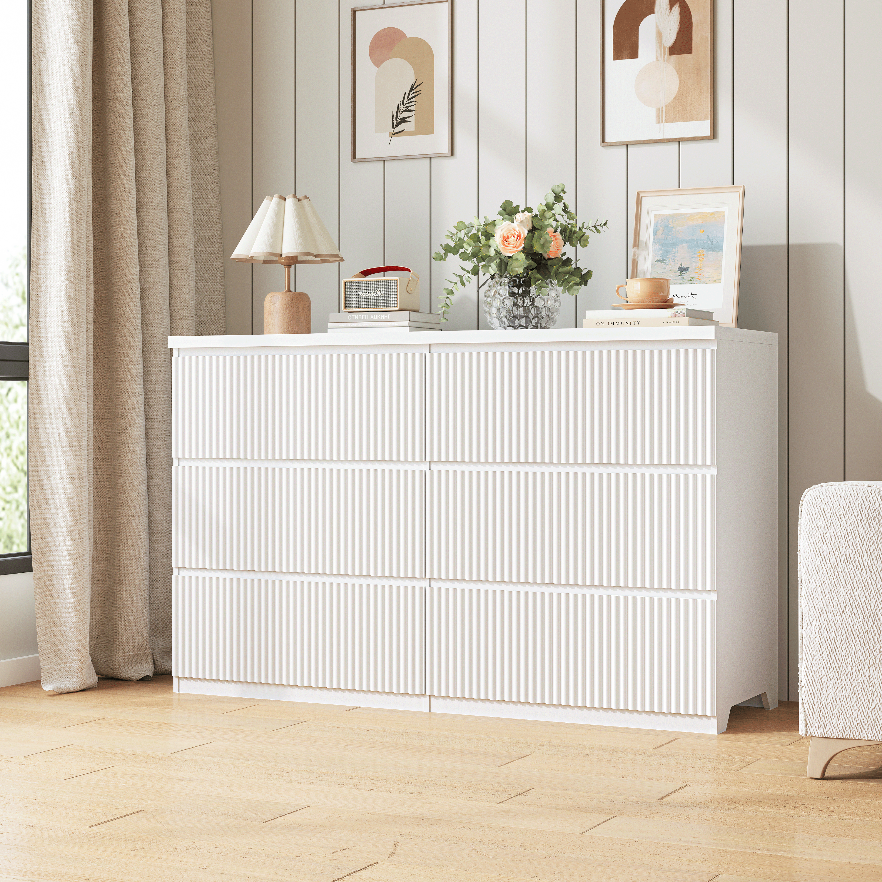 Modern White 6 Drawer Dresser, Wave Panel Drawer Fronts, Storage Cabinet, Versatile Chest of Drawers for Bedroom, Living Room - Sleek & Spacious Home Storage Solution - Grand Goldman Shop