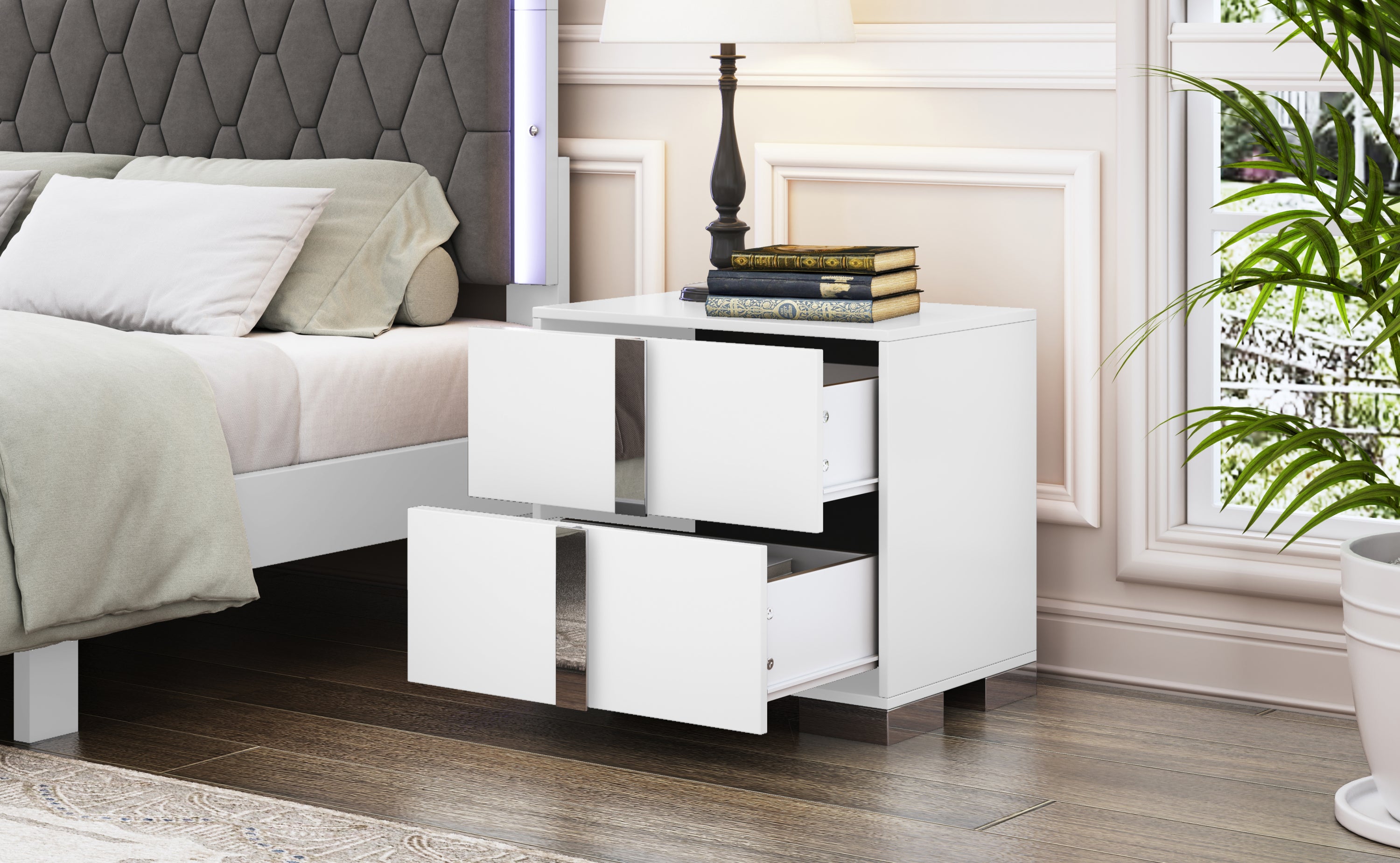 Elegant Nightstand with Metal Foot, Mirrored Bedside Table with 2 Drawers for Bedroom, Living Room, White (Old SKU: WF319353AAK) - Grand Goldman Shop