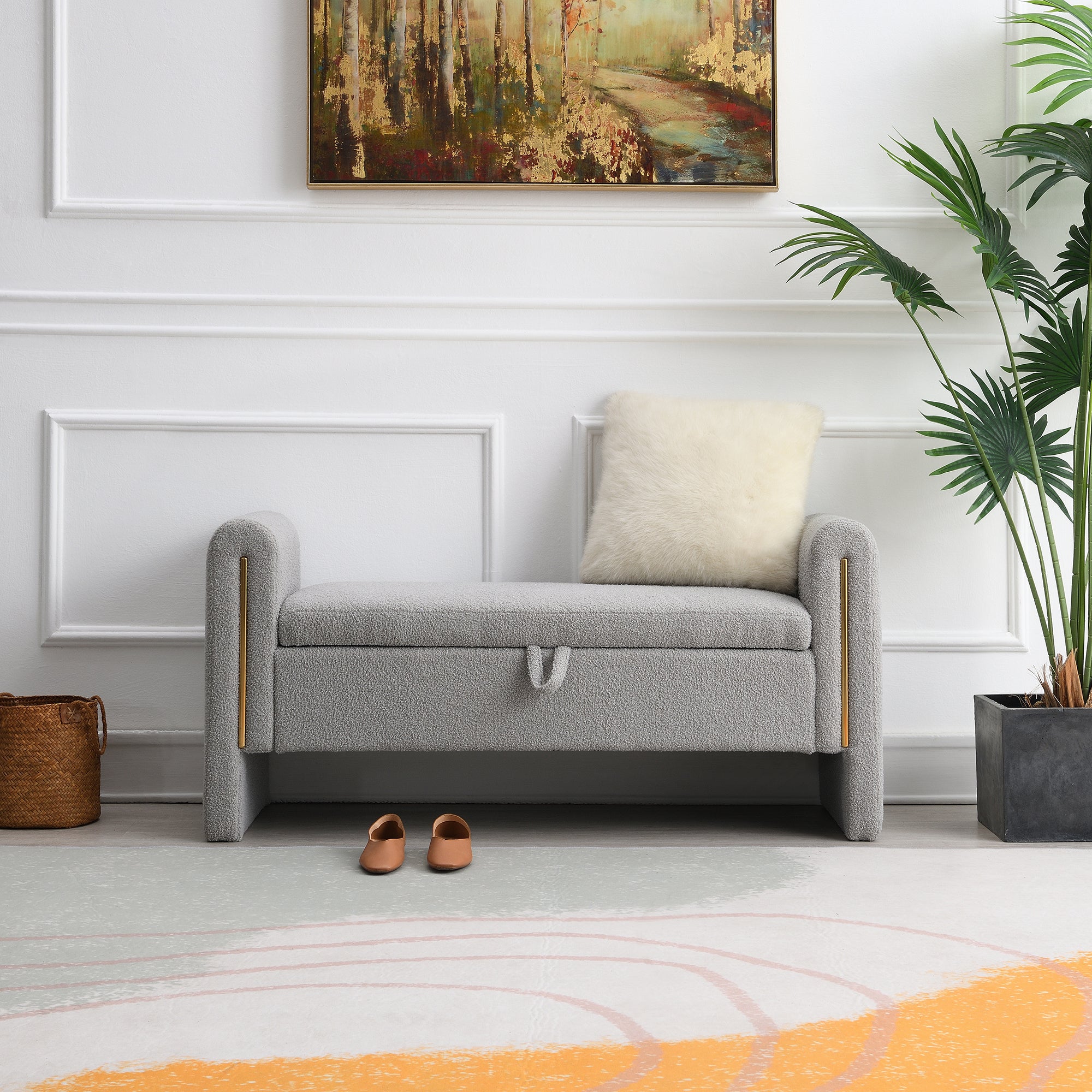 Modern Teddy Upholstered Storage Bench with Arms and Comfy Teddy Fabric in Grey - Grand Goldman Shop