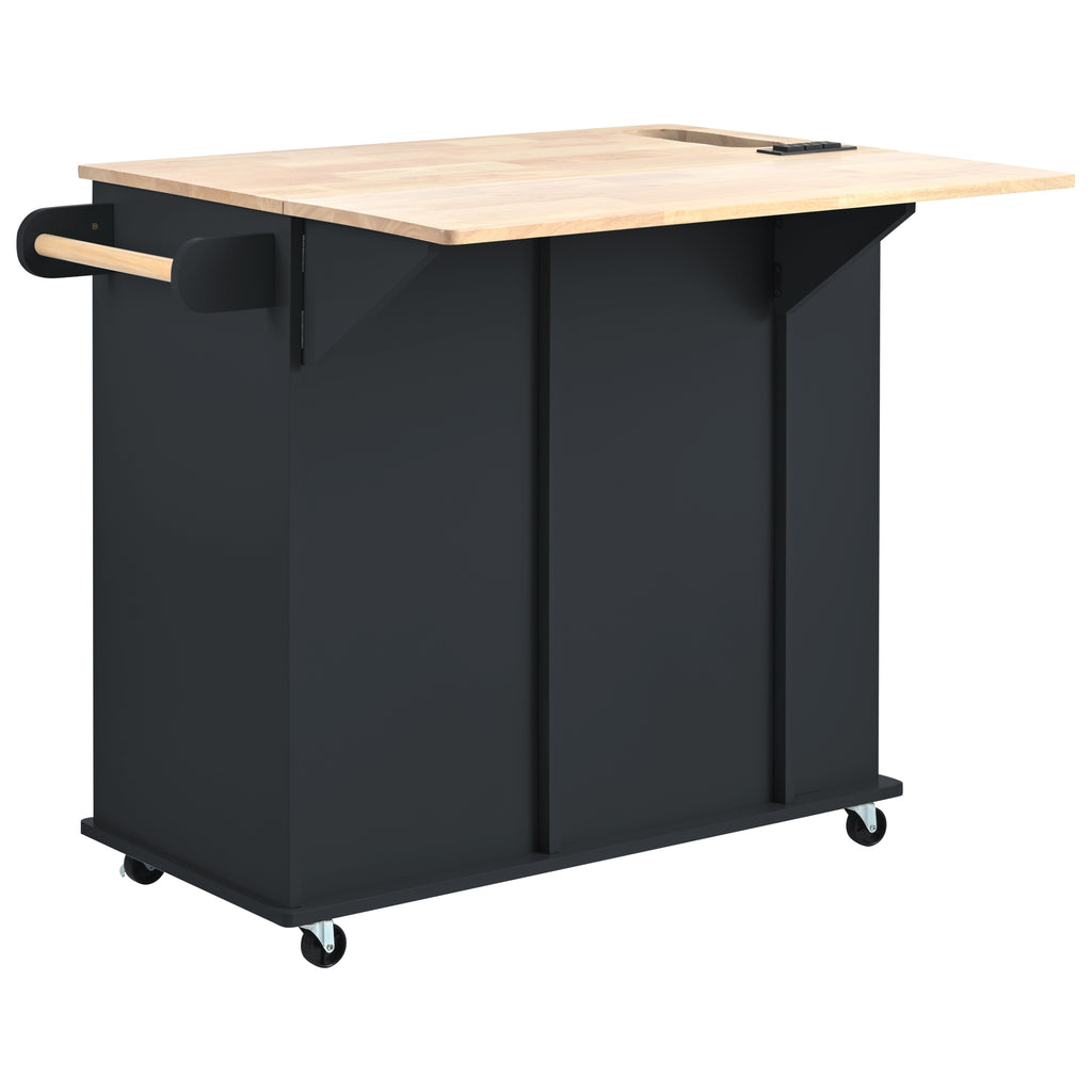 Kitchen Island with Power Outlet,Kitchen Storage Island with Drop Leaf and Rubber Wood,Open Storage and Wine Rack,5 Wheels,with Adjustable Storage for Home, Kitchen, and Dining Room, Black - Grand Goldman Shop