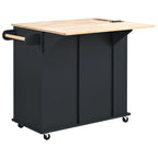 Kitchen Island with Power Outlet,Kitchen Storage Island with Drop Leaf and Rubber Wood,Open Storage and Wine Rack,5 Wheels,with Adjustable Storage for Home, Kitchen, and Dining Room, Black - Grand Goldman Shop