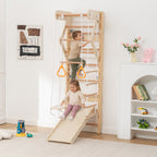 6-in-1 Swedish Ladder Wall Gym, Indoor Kids Playground with Swing, Rope Ladder, Pull-Up Bar, Slide, Gymnastic Rings, Wooden W