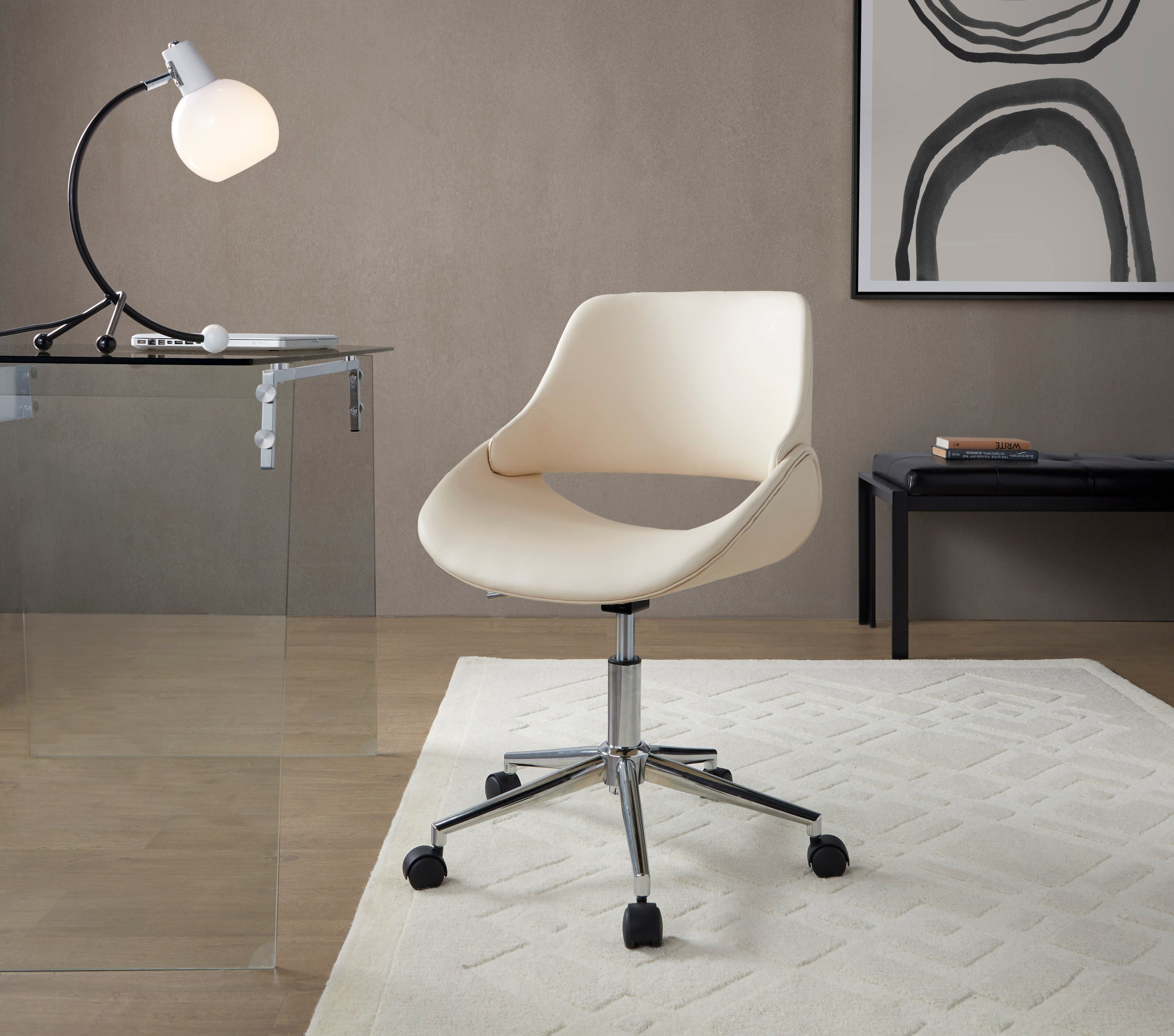 Contemporary Office Chair in Chrome Metal and Cream Faux Leather | Premium Home Decor - Grand Goldman