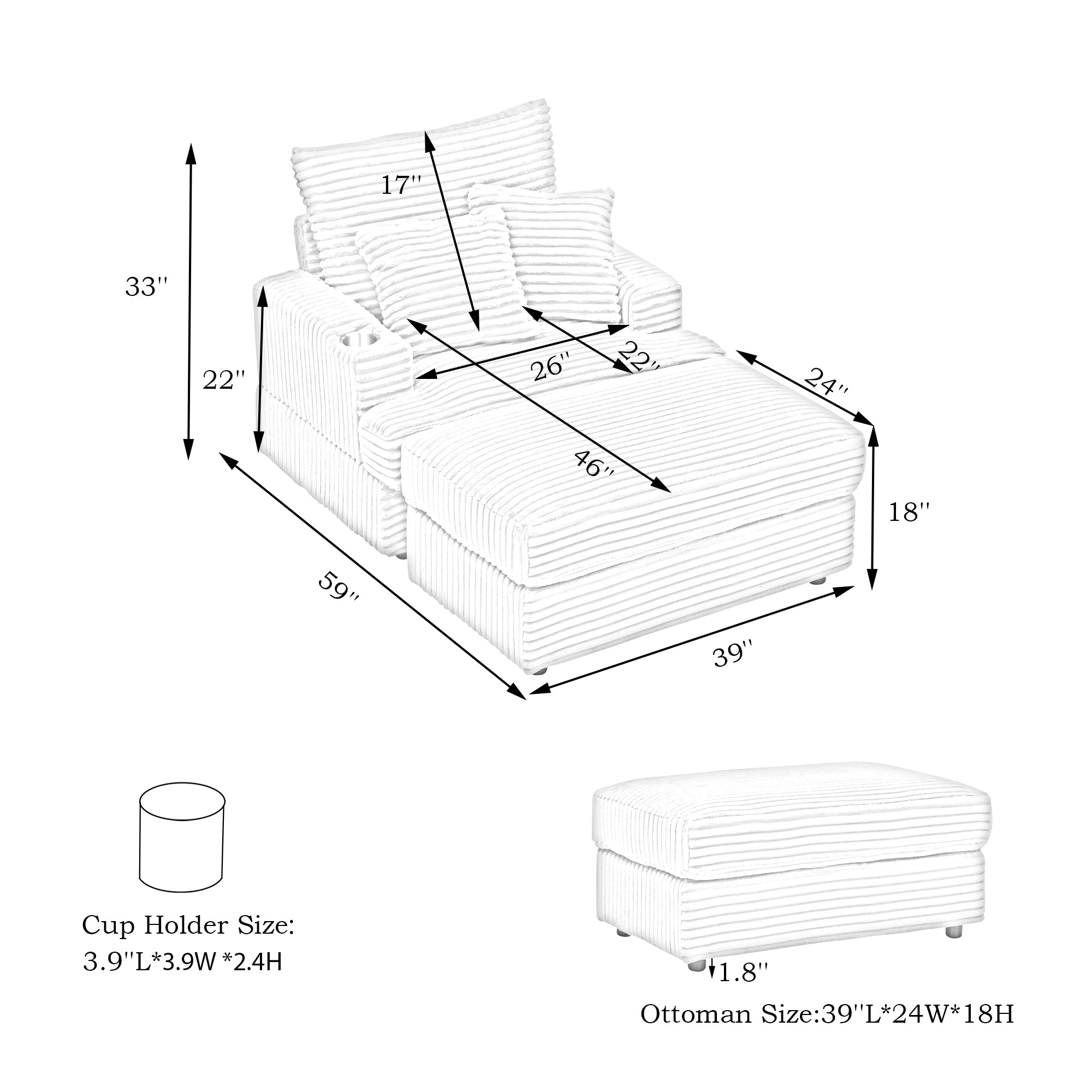 39-inch Spring upholstered armchair and Ottoman set - comfortable single sofa with cup holder and corduroy fabric, perfect for living room or bedroom - Grand Goldman Shop