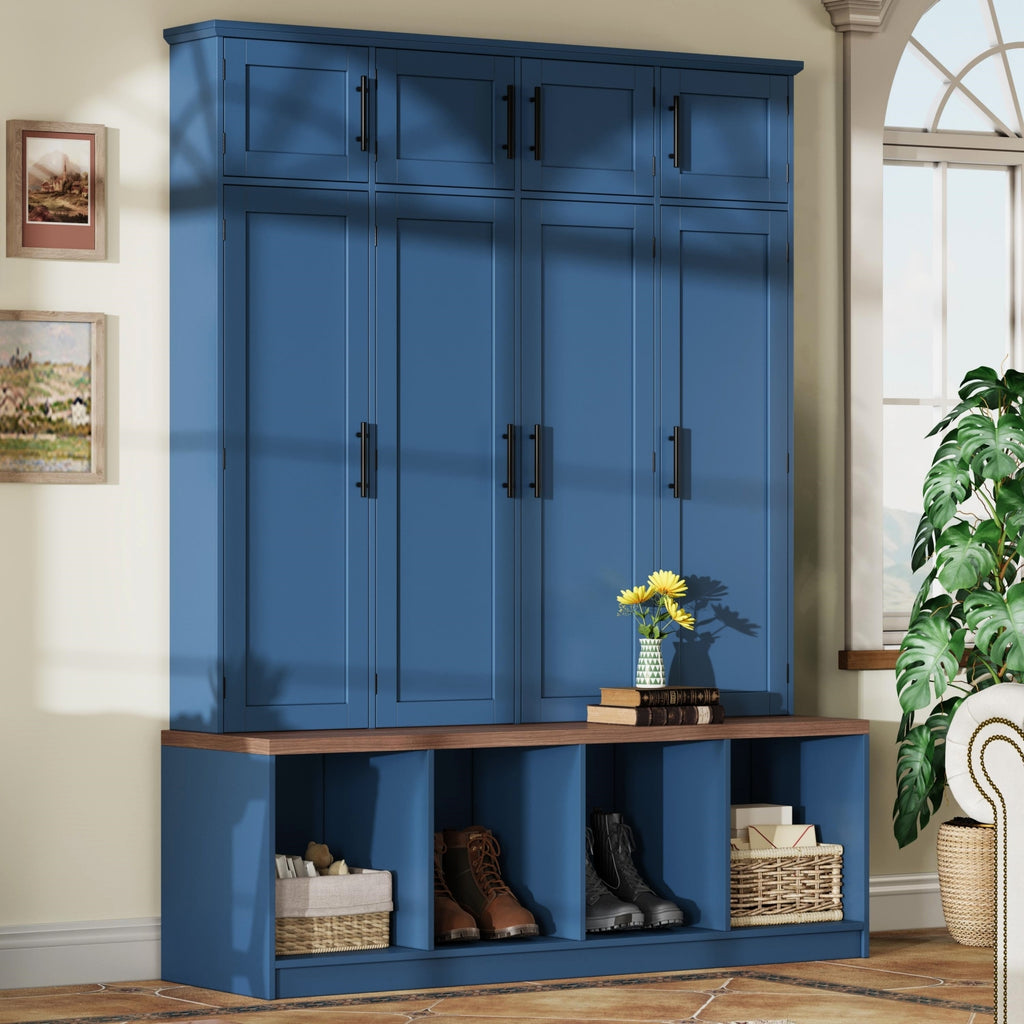Farmhouse Hall Tree with 4 Hidden Hanging Hooks, Versatile Walnut Seating Bench with 8 Doors, Entryway Shoe Cabinet with Open Compartment for Living Room, Blue (OLD SKU:N721S000059C) - Grand Goldman Shop