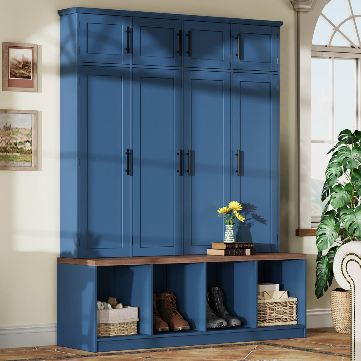 Farmhouse Hall Tree with 4 Hidden Hanging Hooks, Versatile Walnut Seating Bench with 8 Doors, Entryway Shoe Cabinet with Open Compartment for Living Room, Blue (OLD SKU:N721S000059C) - Grand Goldman Shop