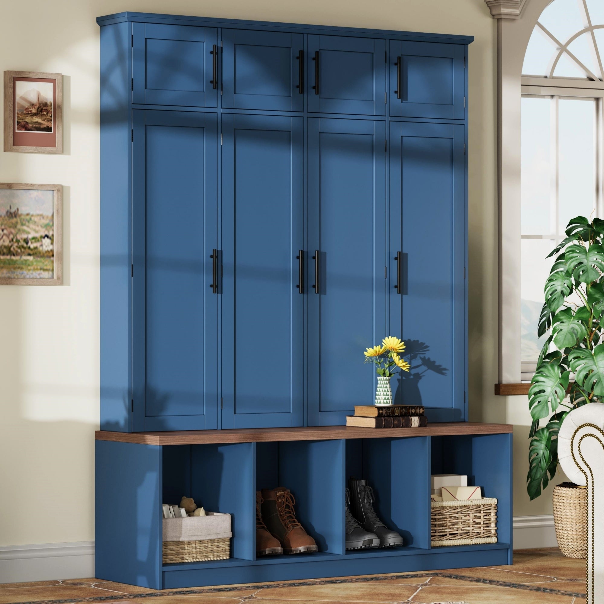 Farmhouse Hall Tree with 4 Hidden Hanging Hooks, Versatile Walnut Seating Bench with 8 Doors, Entryway Shoe Cabinet with Open Compartment for Living Room, Blue (OLD SKU:N721S000059C) - Grand Goldman Shop