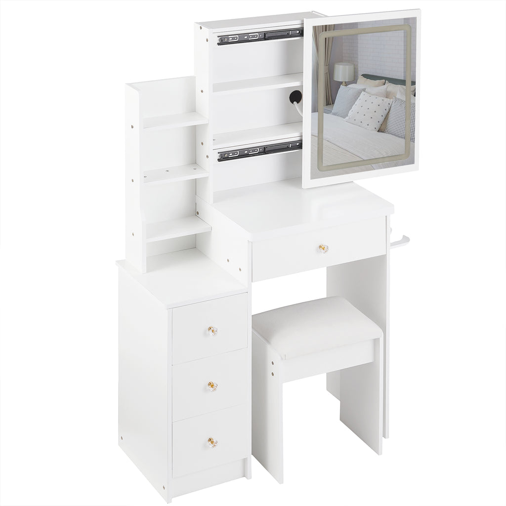 29.2' Small Size Left Bedside Cabinet Vanity Table + Cushioned Stool, 2 AC+2 USB Power Station, Hair dryer bracket, Extra Large Touch Control Sliding LED Mirror, Tri-color Switching, Brightness Adjust - Grand Goldman Shop