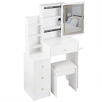 29.2' Small Size Left Bedside Cabinet Vanity Table + Cushioned Stool, 2 AC+2 USB Power Station, Hair dryer bracket, Extra Large Touch Control Sliding LED Mirror, Tri-color Switching, Brightness Adjust - Grand Goldman Shop