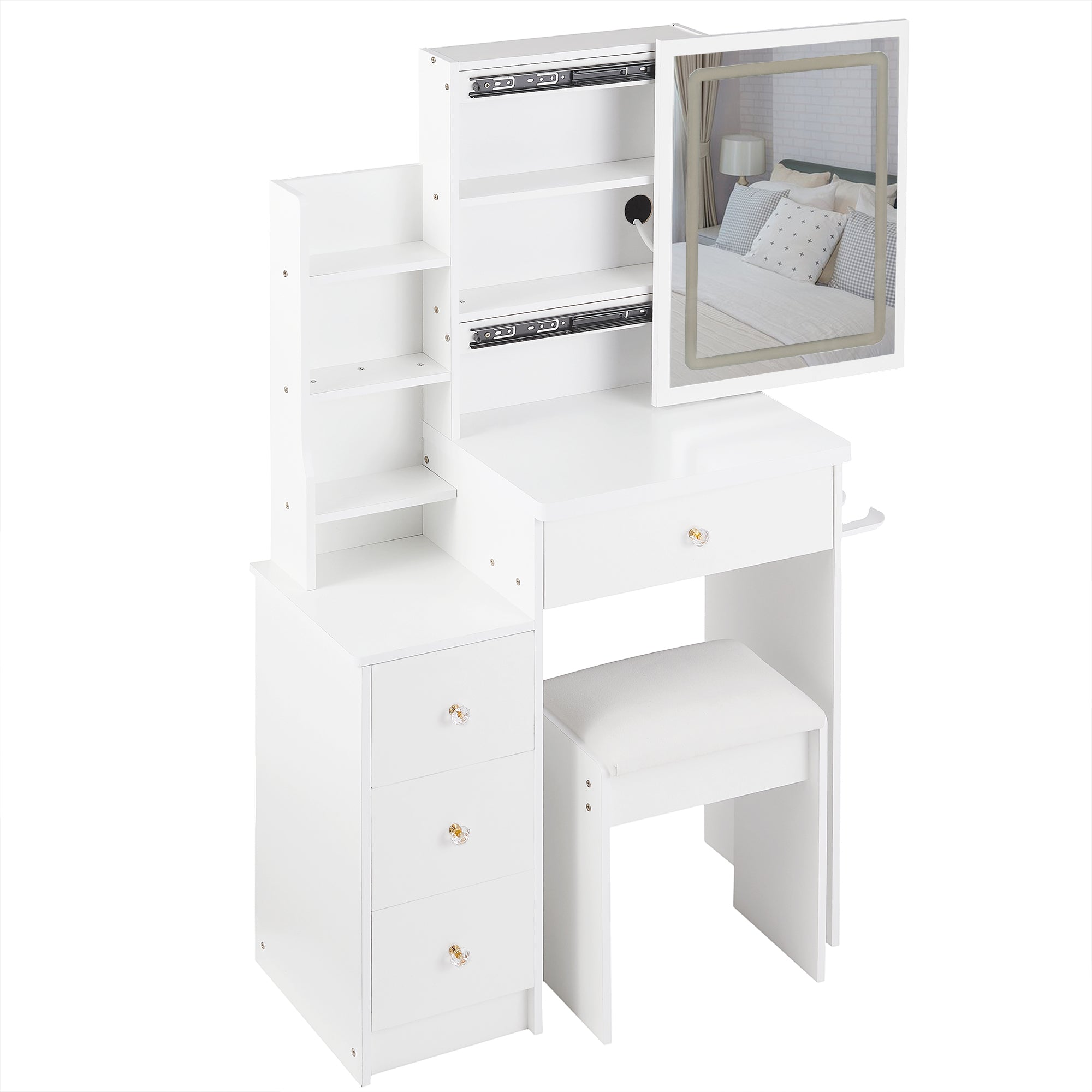 29.2' Small Size Left Bedside Cabinet Vanity Table + Cushioned Stool, 2 AC+2 USB Power Station, Hair dryer bracket, Extra Large Touch Control Sliding LED Mirror, Tri-color Switching, Brightness Adjust - Grand Goldman Shop
