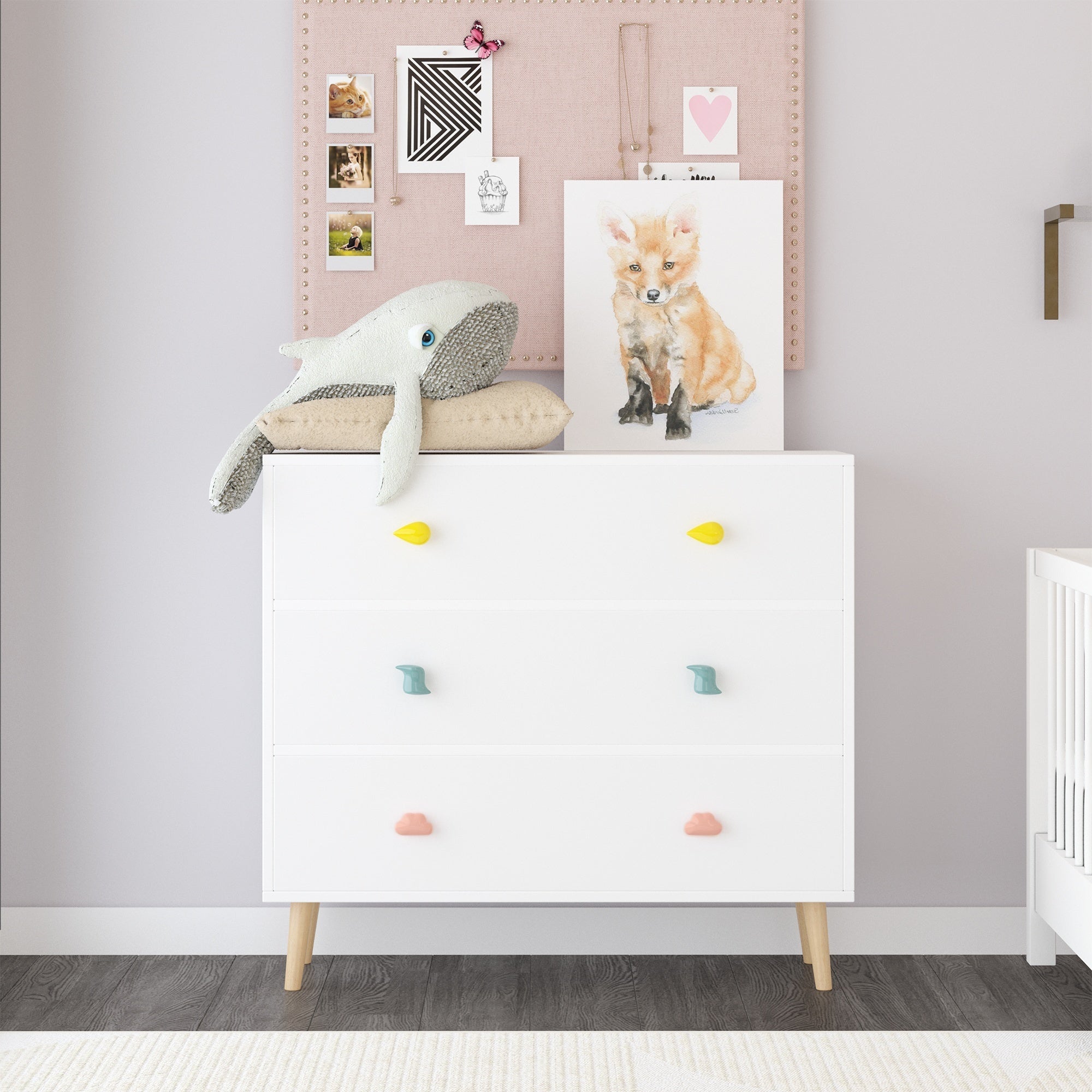 Kids 3 Drawer Dresser, White Nursery Storage Cabinet with Anti-Tip Safety Feature, Solid Wood and MDF Construction, Compact D