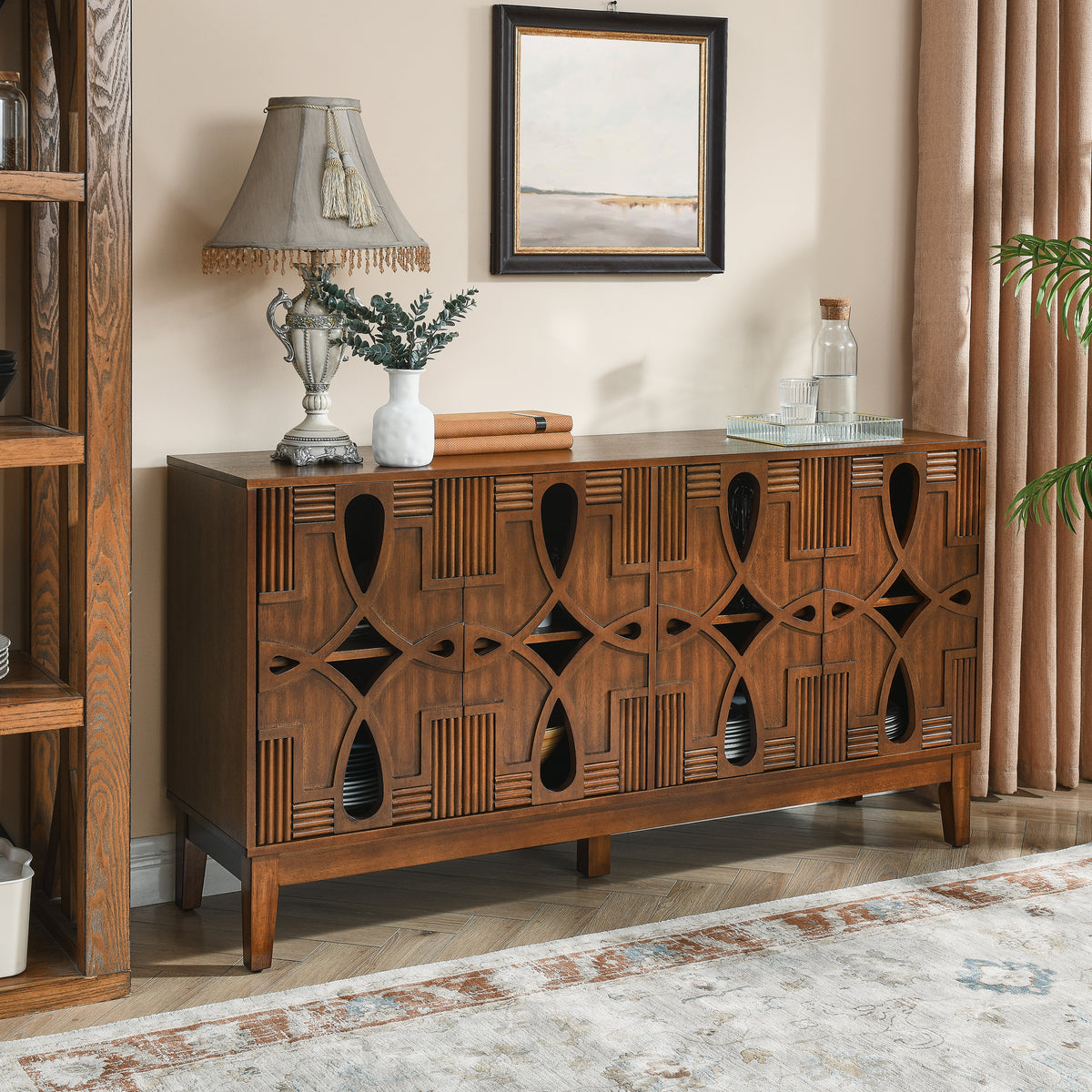 60.5' Mid Century Modern Sideboard Buffet Cabinet with Storage, TV Media Console Table, Storage Cabinet with 4 Doors & Adjustable Shelves for Kitchen Dining Living Room Entryway, Walnut - Grand Goldman Shop