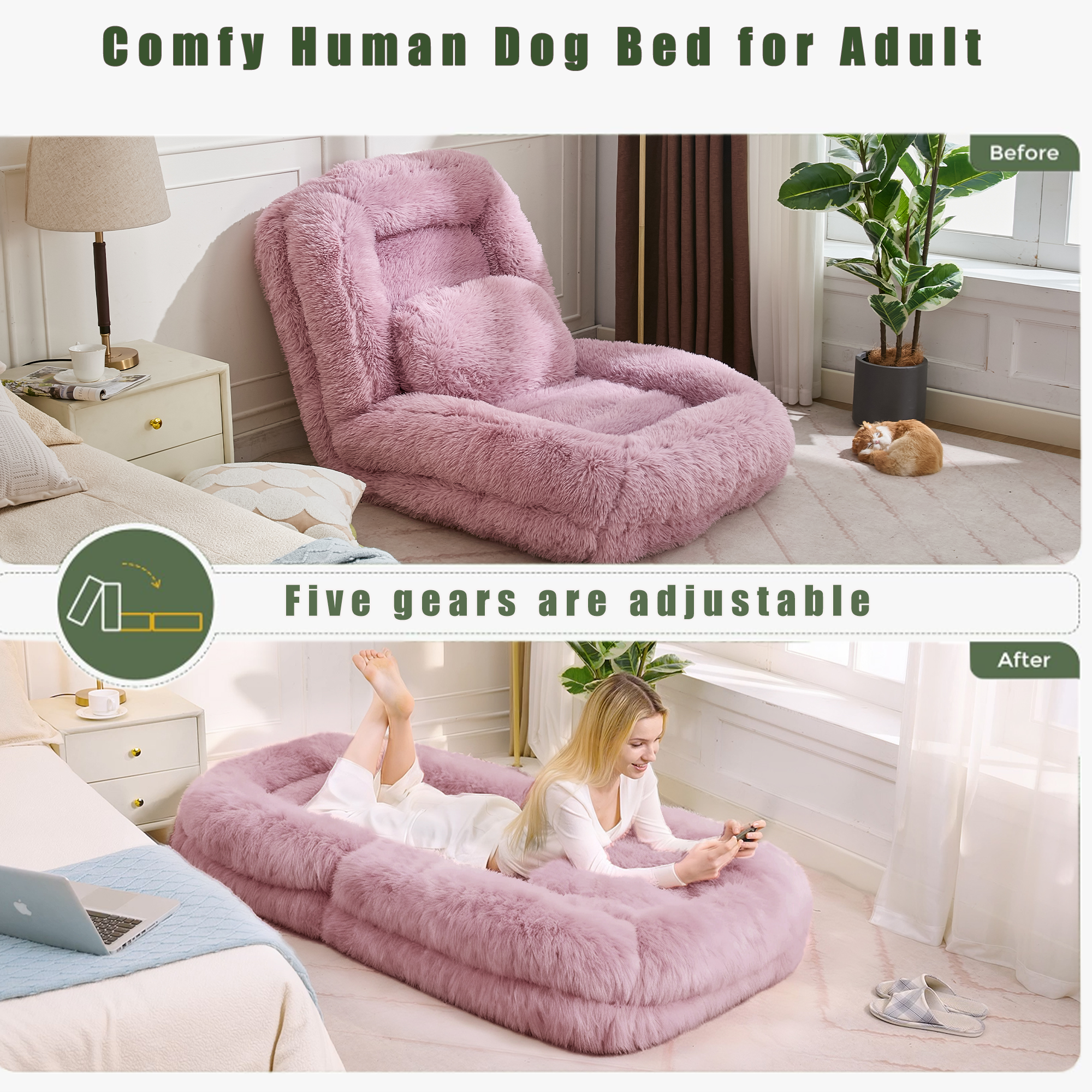 [NEW ARRIVED] [VIDEO PROVIDED] Human Dog Bed,Lazy Sofa,5-Position Adjustable Convertible,Floor Gaming Chair,bedroom, living room,Suitable for gaming, meditation,relaxation,Plush Fabric,Pink - Grand Goldman Shop