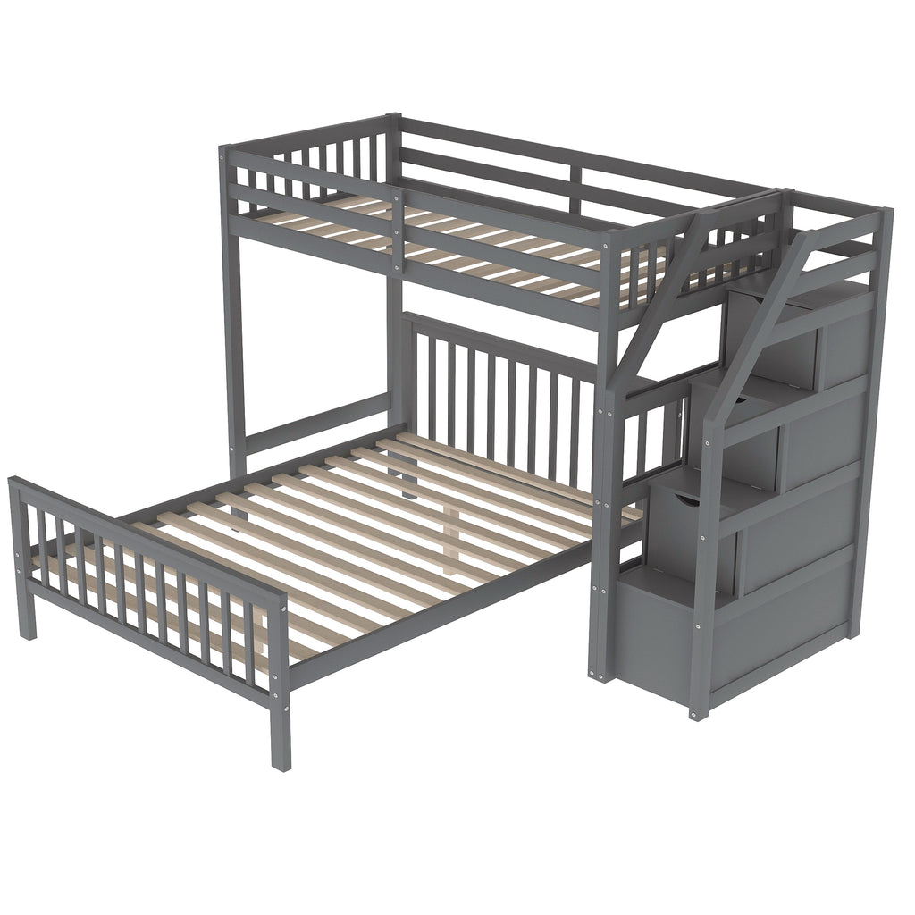 Gray Twin over Full Loft Bed with Staircase and Storage, Pine Wood and MDF, 97.2''L x 78.4''W x 61.4''H - Grand Goldman Shop