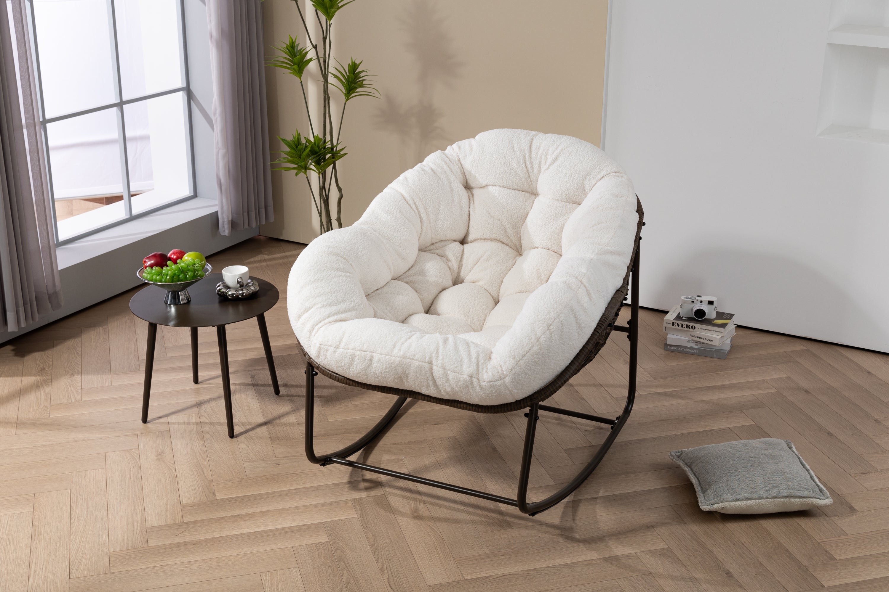 Outdoor Rattan Rocking Chair,Padded Cushion Rocker Recliner Chair Outdoor for Front Porch, Living Room, Patio, Garden, White - Grand Goldman Shop