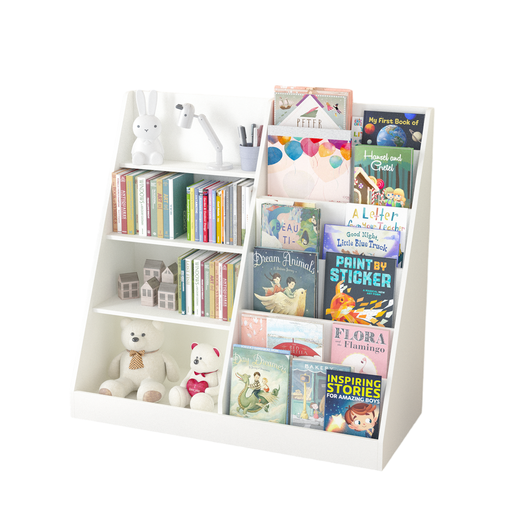 Kids Bookshelf and Toy Storage Organizer, Multifunctional 4-Tier White Wooden Bookcase with Toy Bin for Nursery, Playroom, or