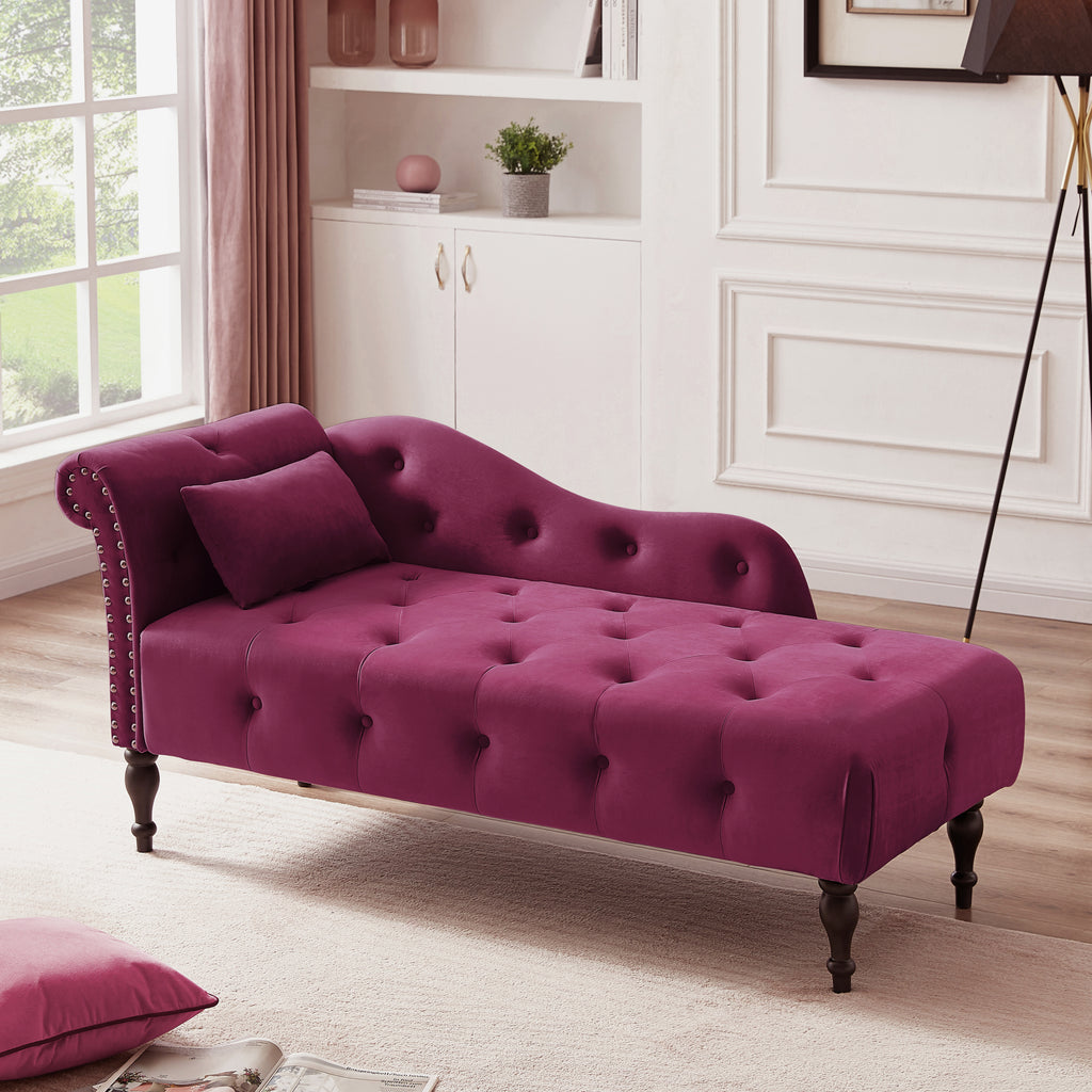 Aijia 60.6' Velvet Chaise Lounge Buttons Tufted Nailhead Trimmed Solid Wood Legs with 1 Pillow,Burgundy  (Left Arm Design as Shown in the Picture) - Grand Goldman Shop
