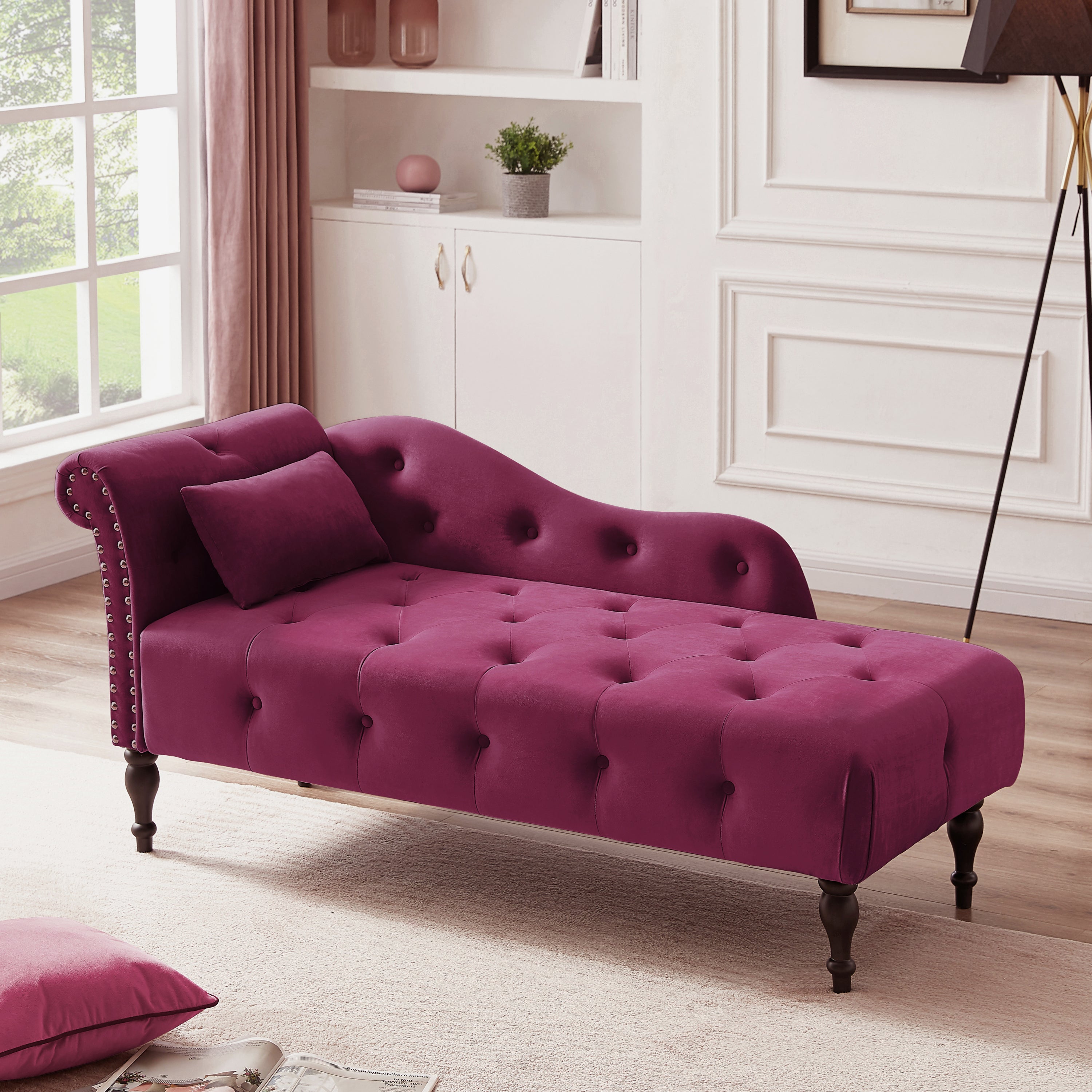 Aijia 60.6' Velvet Chaise Lounge Buttons Tufted Nailhead Trimmed Solid Wood Legs with 1 Pillow,Burgundy  (Left Arm Design as Shown in the Picture) - Grand Goldman Shop