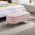 Pink Storage Ottoman Bench for End of Bed Gold Legs, Modern Grey Faux Fur Entryway Bench Upholstered Padded with Storage for Living Room Bedroom - Grand Goldman Shop