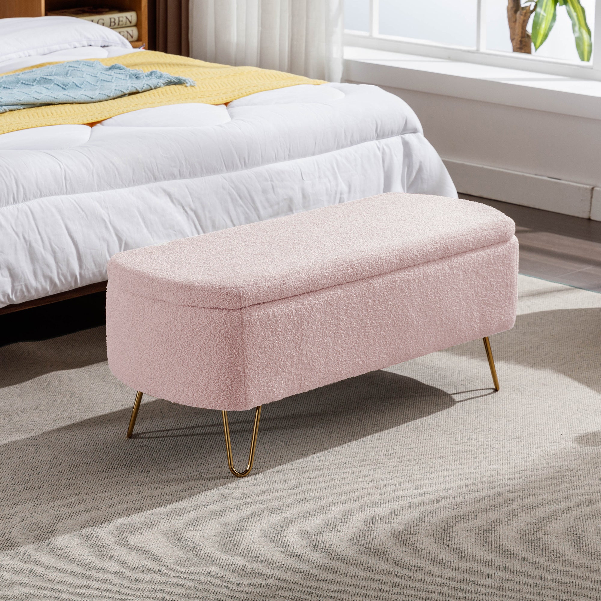 Pink Storage Ottoman Bench for End of Bed Gold Legs, Modern Grey Faux Fur Entryway Bench Upholstered Padded with Storage for Living Room Bedroom - Grand Goldman Shop