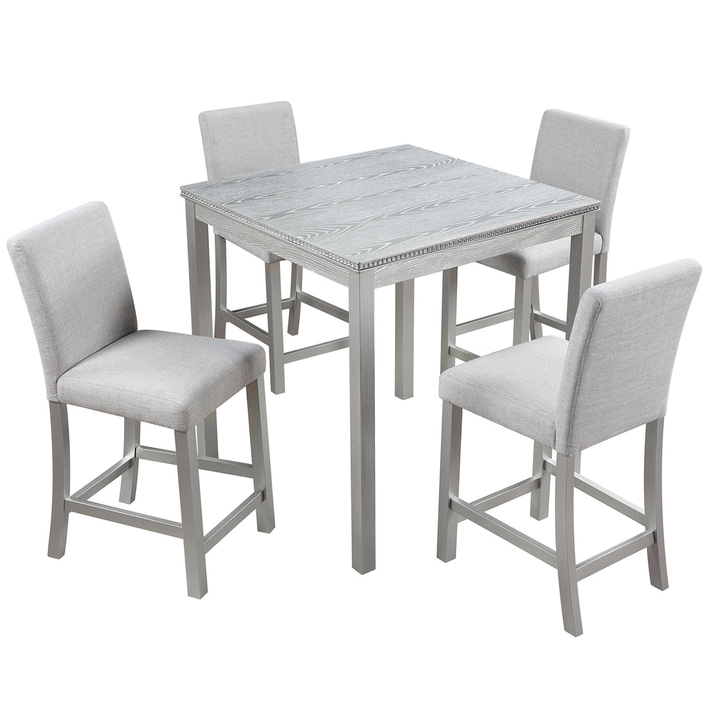5 Piece Counter Height Table Set, Wooden Kitchen Table Set with Square Table and 4 Upholstered Chairs, Counter Height Dining Table with Crystal Decoration and Chair Set, Silver Grey - Grand Goldman Shop