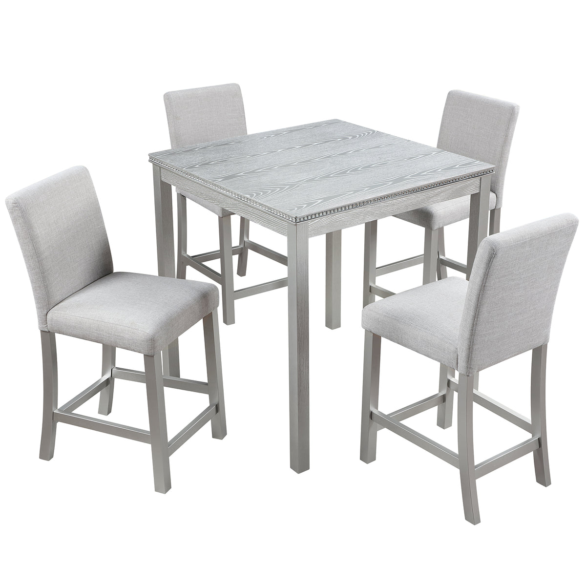 5 Piece Counter Height Table Set, Wooden Kitchen Table Set with Square Table and 4 Upholstered Chairs, Counter Height Dining Table with Crystal Decoration and Chair Set, Silver Grey - Grand Goldman Shop