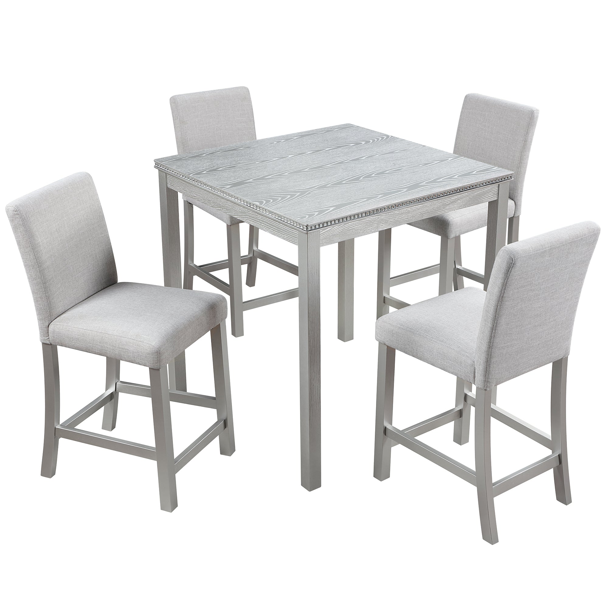 5 Piece Counter Height Table Set, Wooden Kitchen Table Set with Square Table and 4 Upholstered Chairs, Counter Height Dining Table with Crystal Decoration and Chair Set, Silver Grey - Grand Goldman Shop