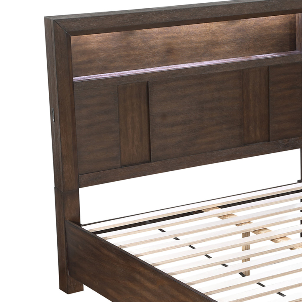 KENZO Modern King 5-Piece Storage Bedroom Set in Walnut Finish with LED Headboard, Bluetooth Speakers, USB Ports, Dresser, Mirror, Nightstand and Chest - Grand Goldman Shop