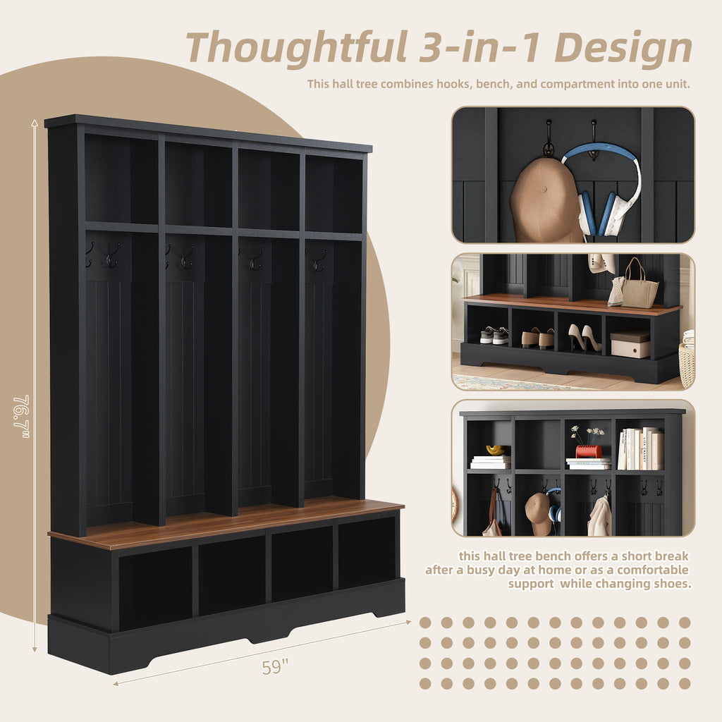 Farmhouse Hall Tree with 8 Hooks, Practical Entryway Bench with Open Compartments, 76.7'H Modern 3-in-1 Wooden Style Coat and Shoe Rack for Mudroom, Living Room, Black (OLD SKU: N721P292601B) - Grand Goldman Shop
