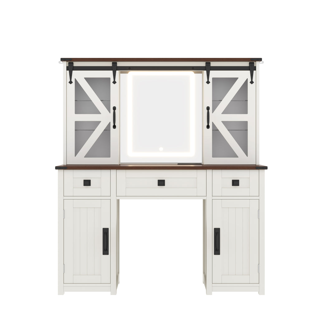 43.3' Farmhouse Makeup Vanity Desk with Lighted Mirror, Vanity Table Set with Charging Station, Dressing Table with Sliding Barn Door Hidden Shelves & 3 Drawers & 4 Cabinets, Beige - Grand Goldman Shop