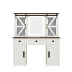 43.3' Farmhouse Makeup Vanity Desk with Lighted Mirror, Vanity Table Set with Charging Station, Dressing Table with Sliding Barn Door Hidden Shelves & 3 Drawers & 4 Cabinets, Beige - Grand Goldman Shop